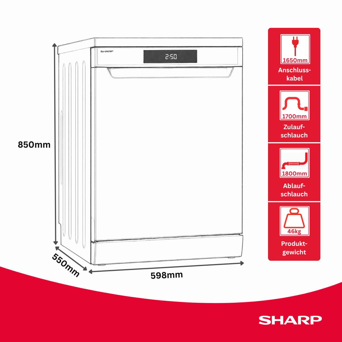 SHARP QW-NA25GU44BS-DE unterbaufähiger Geschirrspüler mit Besteckschublade (60cm), (14 Gedecke, EEK B), (8 Programme, AquaStop), Silber