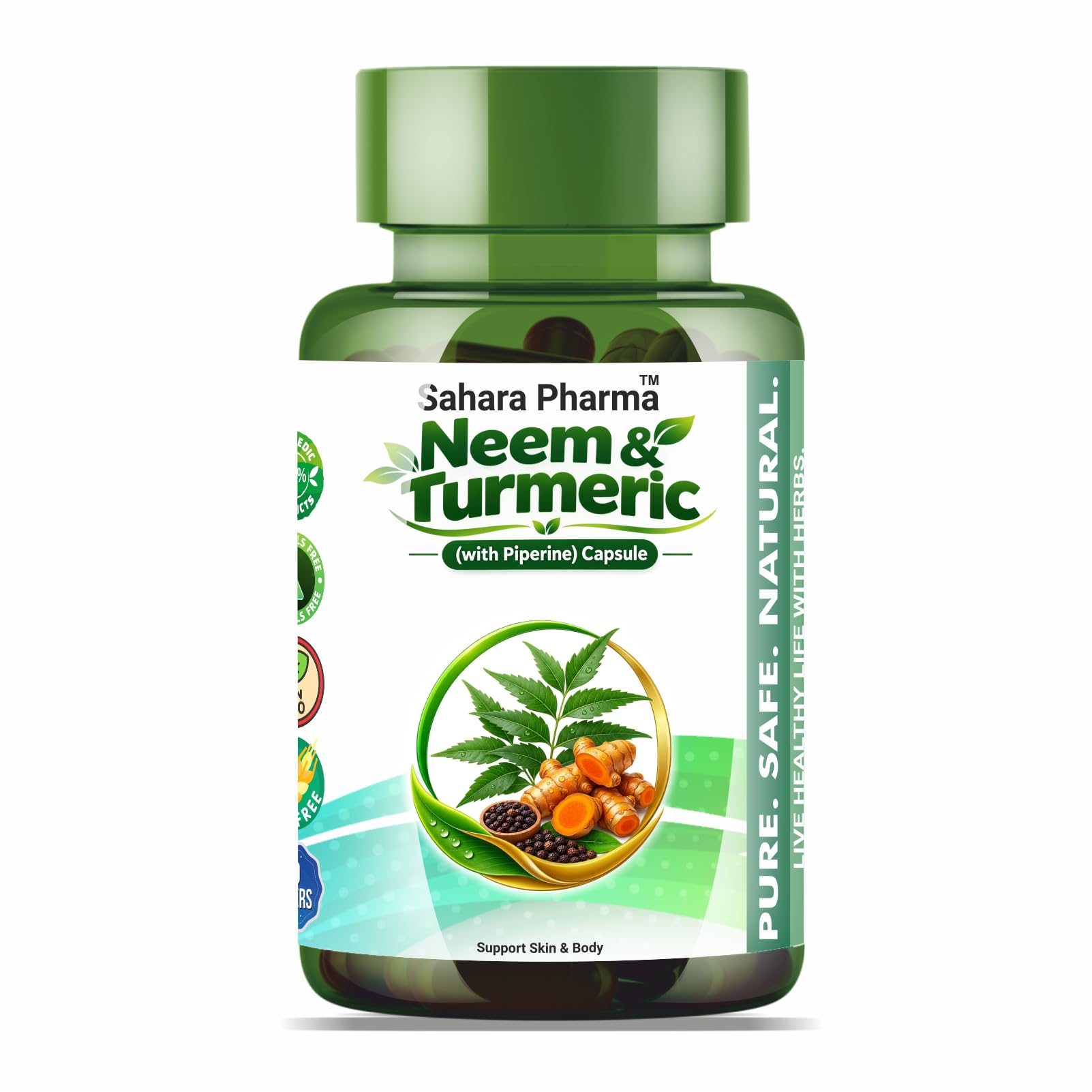 [BRSREYIROV6QKELO] Neem & Turmeric Capsule with Black Pepper | Antioxidant Support, Joint & Immune Support, Skin Wellness | Non GMO, Gluten Free, Zero Fillers | 500mg - 60 Capsule