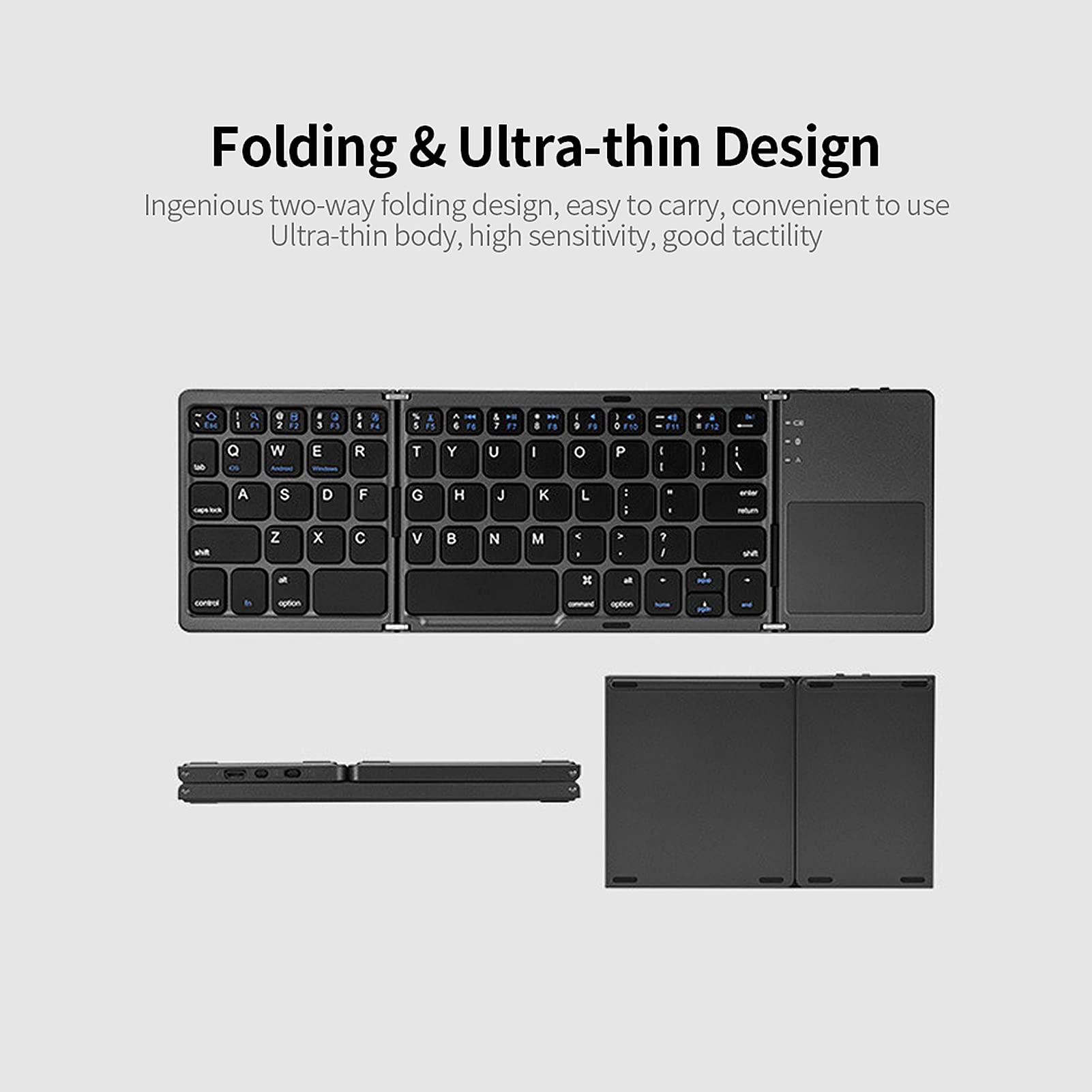docooler Tastiera BT Wireless Mini Tastiera Pieghevole BT Portatile Ultra Sottile con Touch Panel per Windows/Android/iOS Argento