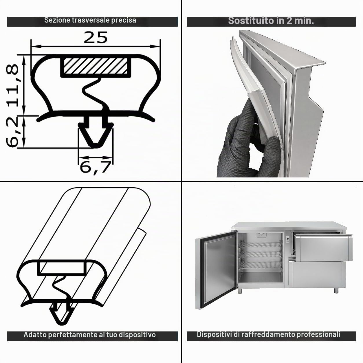 Guarnizione magnetica profilo grande A – 2500 mm con nastro magnetico – Colore: grigio (guarnizione per frigorifero)