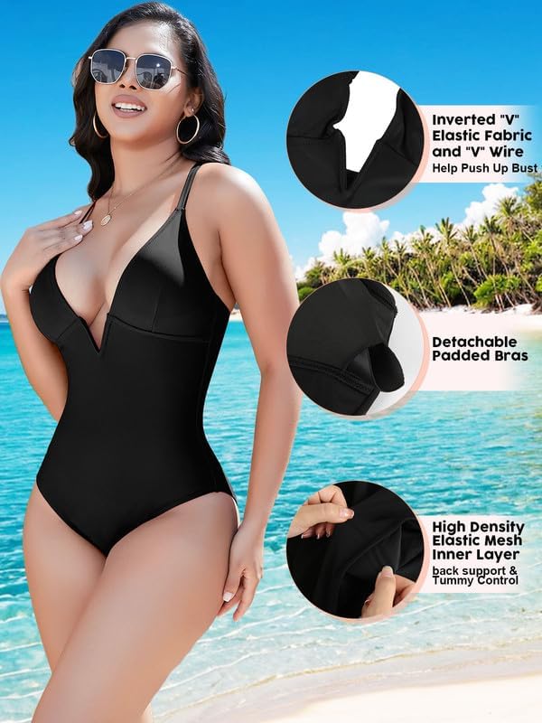 SHAPERIN Women Swimsuit One Piece Bathing Suits Tummy Control Sexy Deep V Neck Padded Push Up Swimwear Monokini - Image 4