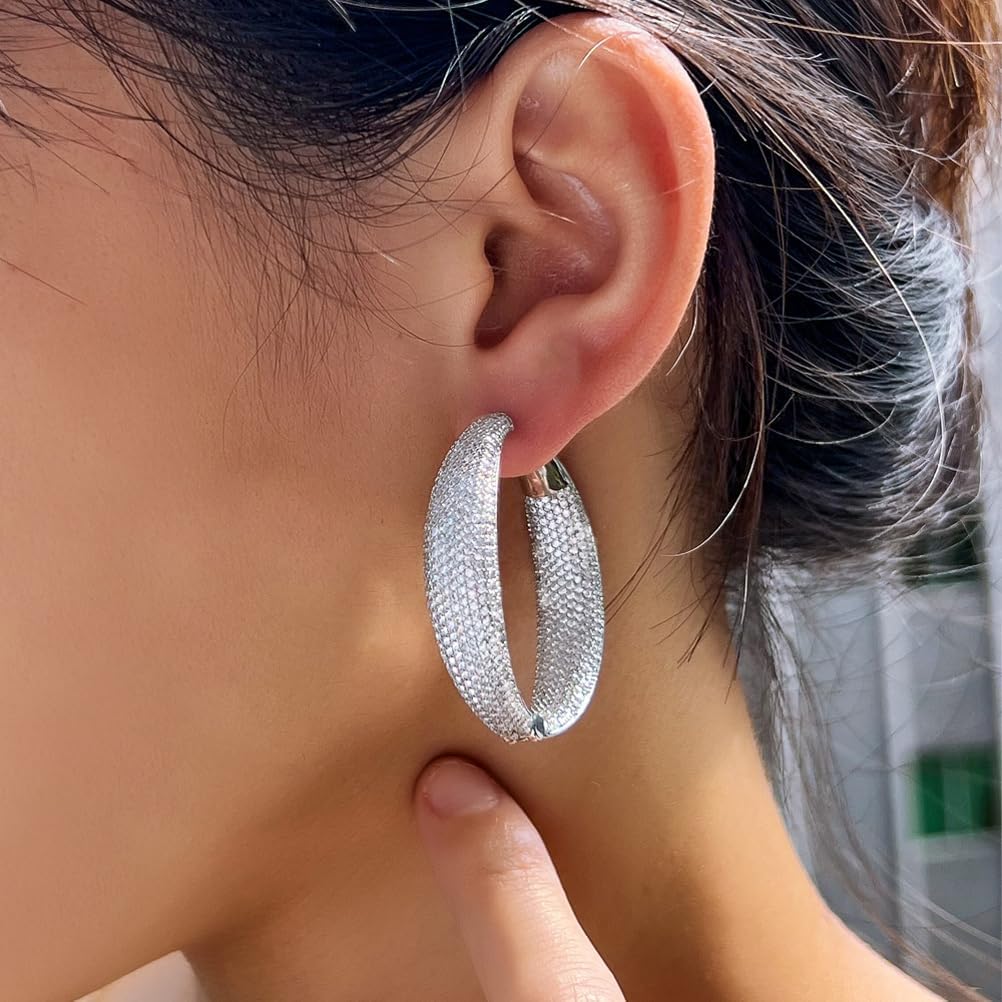 Cubic Zirconia Big Round Hoop Earrings, White Gold Plated Statement Dangle, 532pcs Clear CZ Crystal Paved, Wedding Party Jewelry for Women - Image 3