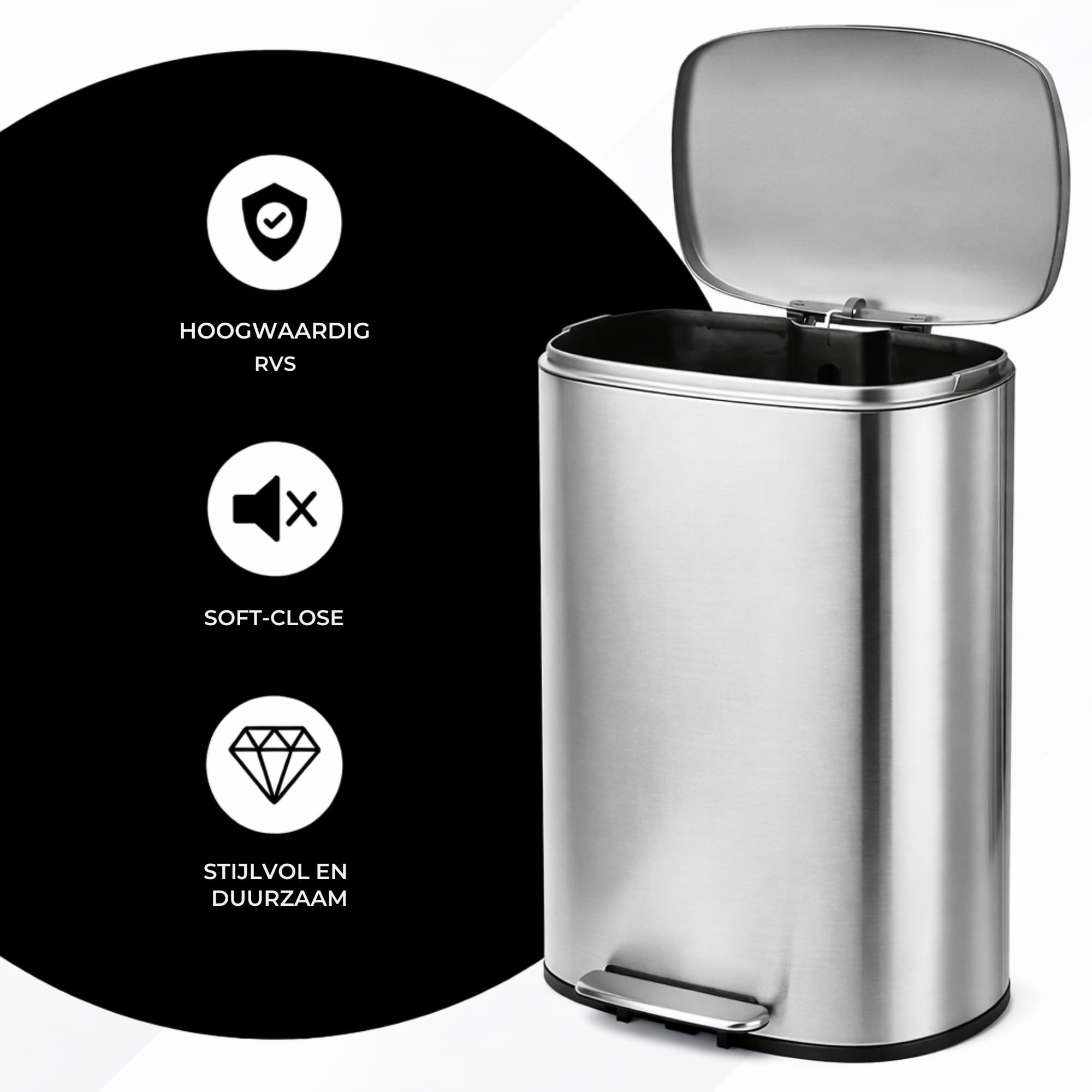 Bayt Mülleimer 50L Treteimer, Abfalleimer Edelstahl mit Deckel & Soft-Close, Rechteckiger Küchenmülleimer mit Inneneimer, Fingerprintproof Müllbehälter, Silber