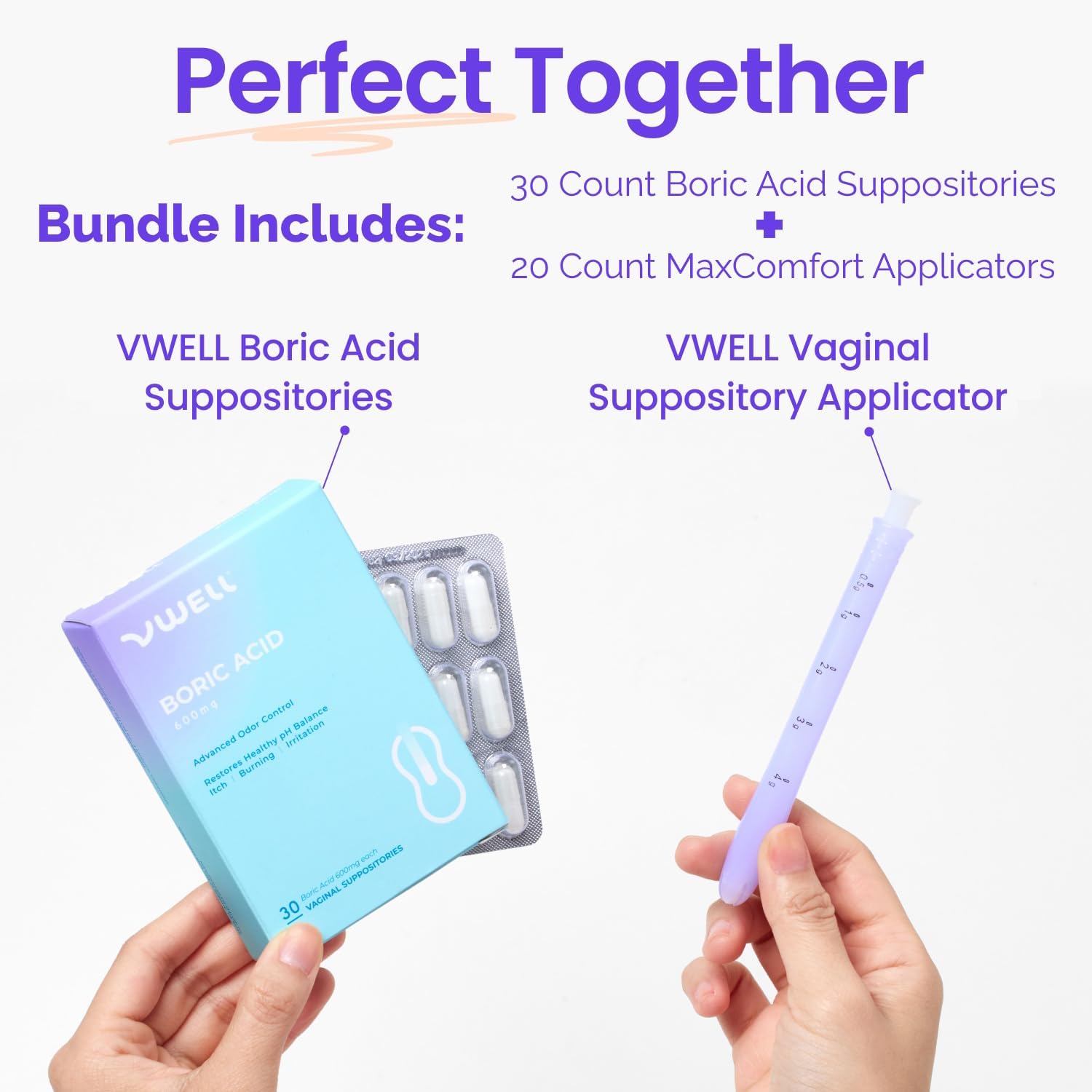 VWELL Boric Acid Vaginal Suppositories 600mg w/MaxComfort Applicator Bundle - Feminine Care - Odor Itch Burning Irritation - Doctors Recommended for Women (One Size, 20, Count)