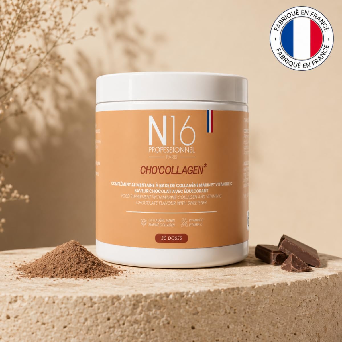 Cho’Collagen – Collagène Marin 5000 mg & Vitamine C – Poudre Chocolat – Complément Alimentaire Peau, Éclat & Collagène – 30 Doses – Fabriqué en France