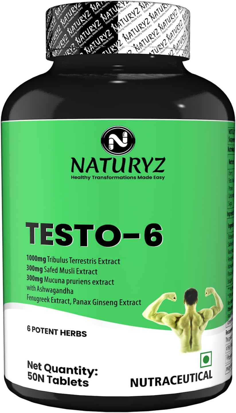 Testo-6 Plant based Supplement For Men 2100mg per serving with Maximum Strength 1000mg Tribulus Terrestris, Safed Musli, Kaunj, Ashwagandha, Fenugreek & Panax Ginseng for Muscle gain, Stamina & Strength - 50 Tablets