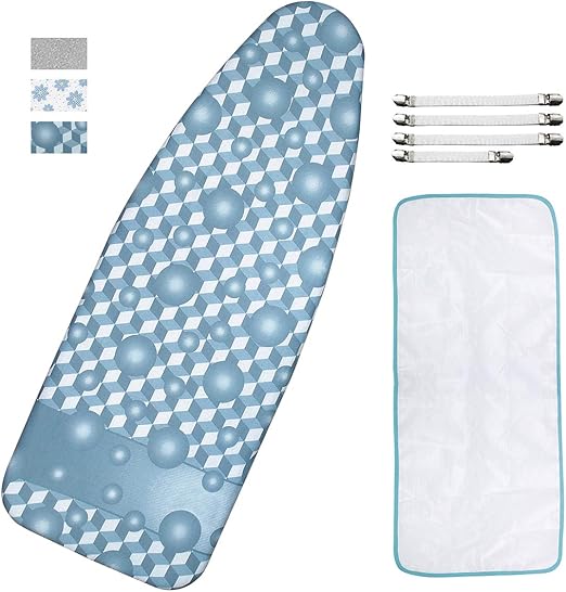 Ironing Board Cover and Pad, Extra-Wide, Fits 18" x 49" Board, Thick Padding, Scorch & Stain Resistant, with Fasteners & Mesh Cloth