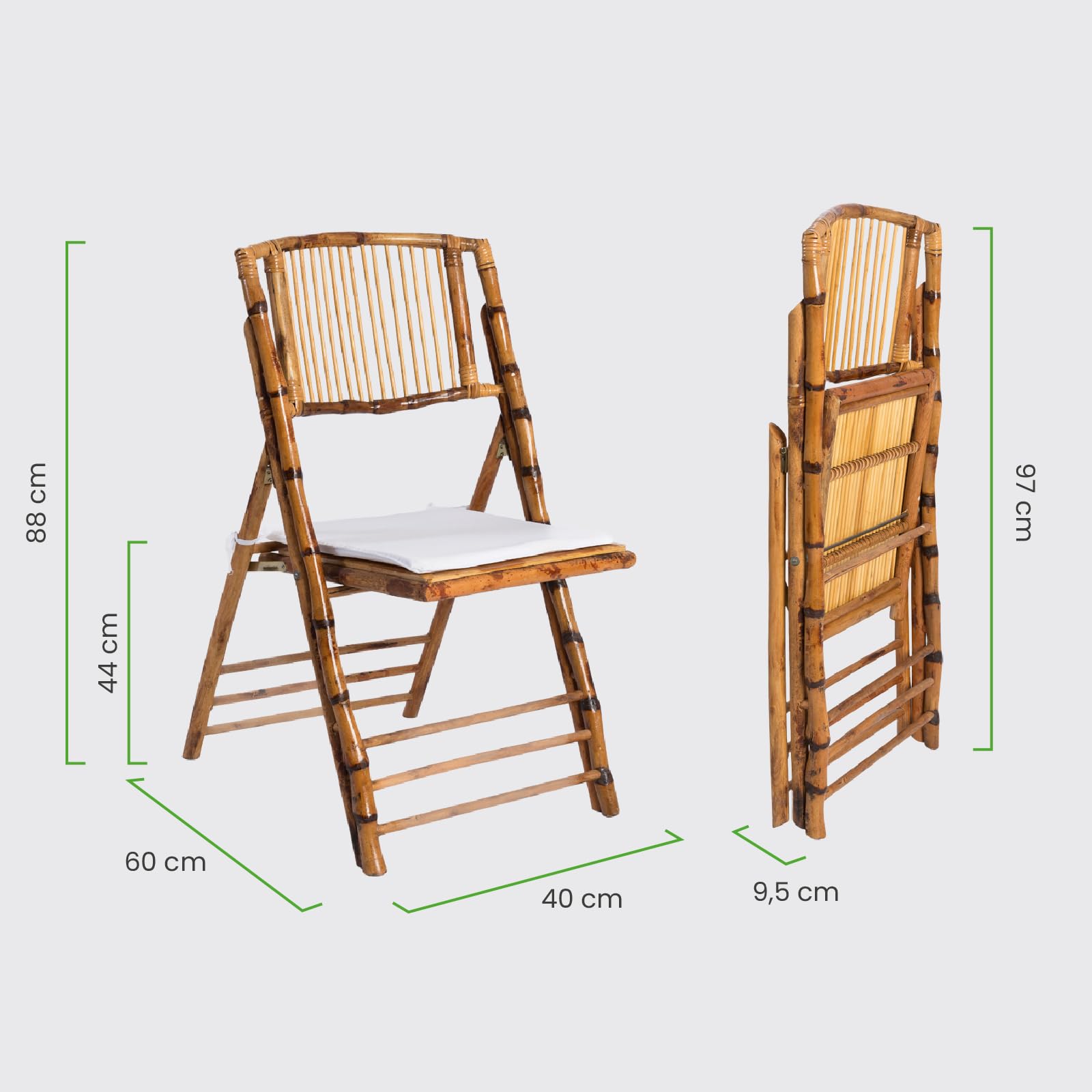 Silla de Madera de Bambú Plegable con Cojín Incluido para Jardín, Hostelería y Eventos. Certificado de Calidad y Diseño Ligero para Catering al Aire Libre. (2)