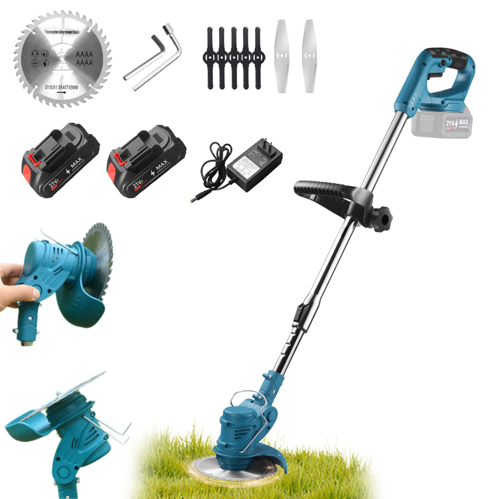 Cortadora de césped inalámbrica y cortacésped de empuje, 2 baterías y 3 cuchillas, 6000 rpm, mango ajustable para limpieza de malas hierbas de jardín
