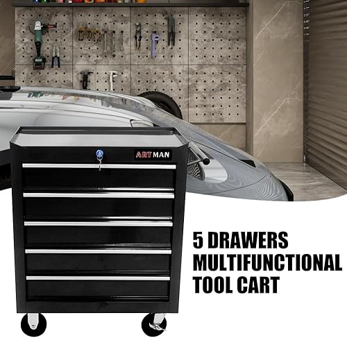 Miniatura 4 de Cofre de herramientas de 5 cajones, armario de almacenamiento de herramientas para almacenamiento de garaje con 4 ruedas y sistema de bloqueo, color