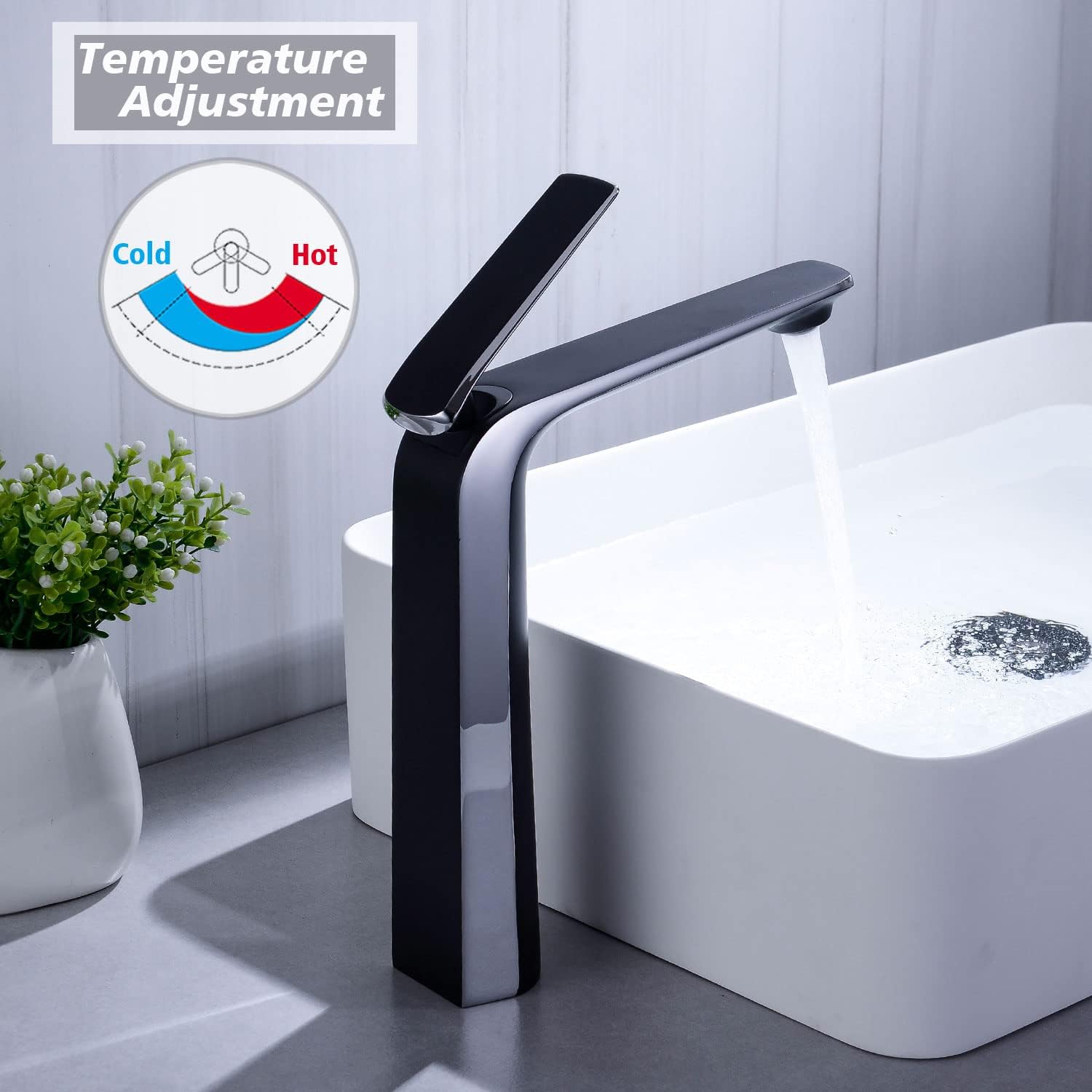 TOCALOCA Tall Bathroom Basin Faucet Matte Black and Silver Chrome, Bathroom Vessel Sink Faucet Brass, Single Handle One Hole Vanity Sink Mixer Tap Faucet for Blow Sink Lavatory, Hot and Cold Water
