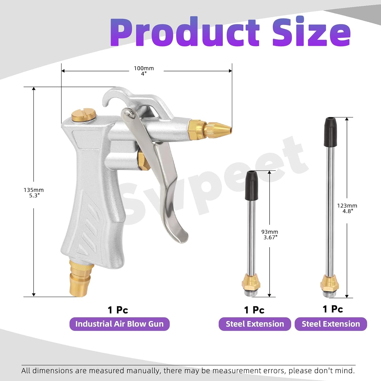 Swpeet 3Pcs Air Tools Assortment Kit Including Air Blow Gun with Brass Adjustable Air Flow Nozzle Standard Quick Coupling and 2 Steel Air Flow Extension for Car Repair Shop Cleaning Work