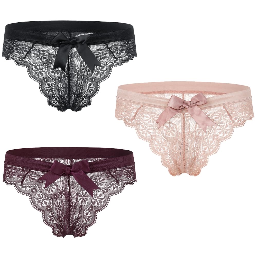 Women Lace Bow Thongs,T Back Low Waist Panties Sexy V-Shape Design Floral Lace,Breathable Panties for Women 3-Pack