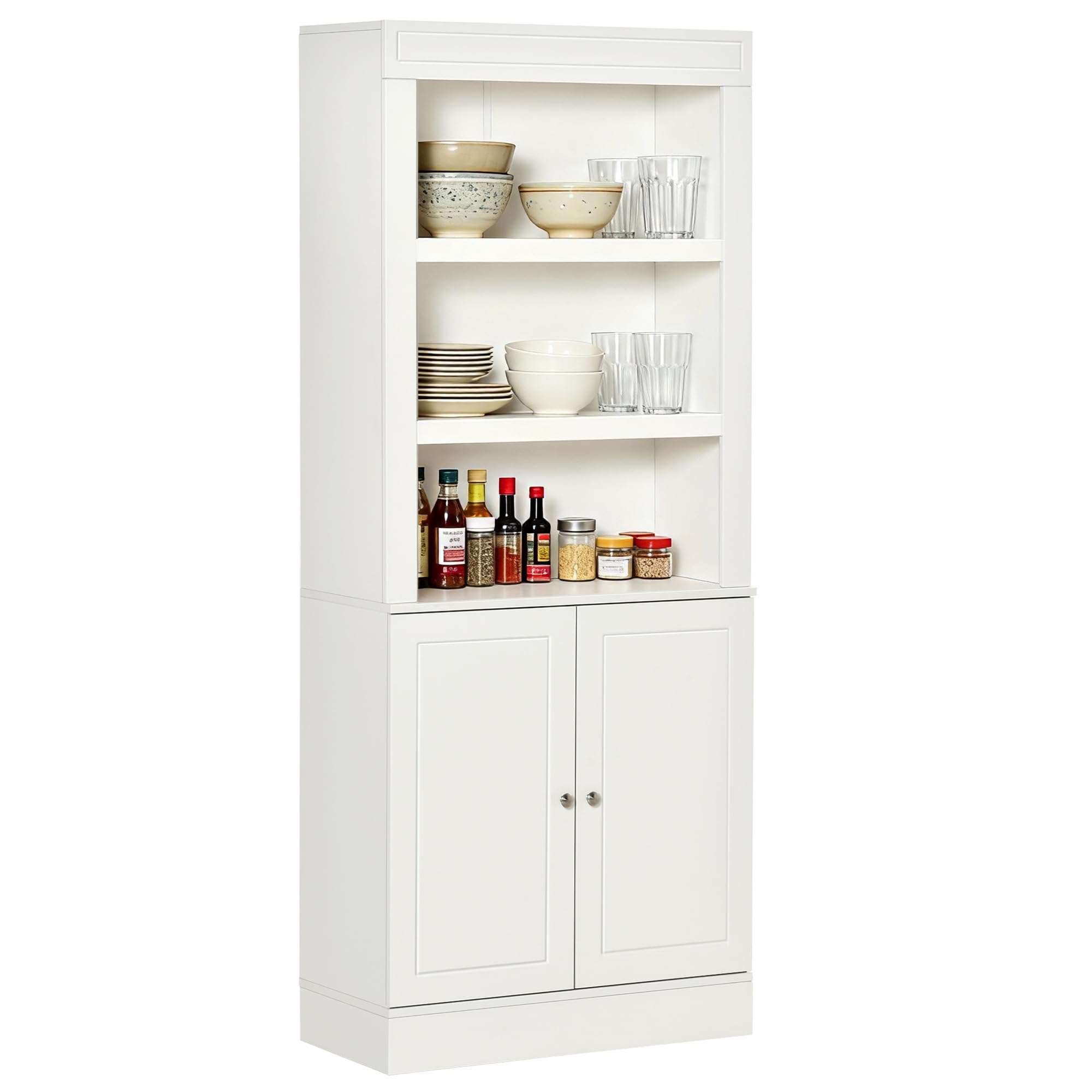 HOMCOM Kitchen Cupboard with 6-tier Shelving, Freestanding Storage Cabinet Sideboard, Pantry Cupboard with 3 Open Compartments and Double-door Cabinet with Adjustable Shelves, White