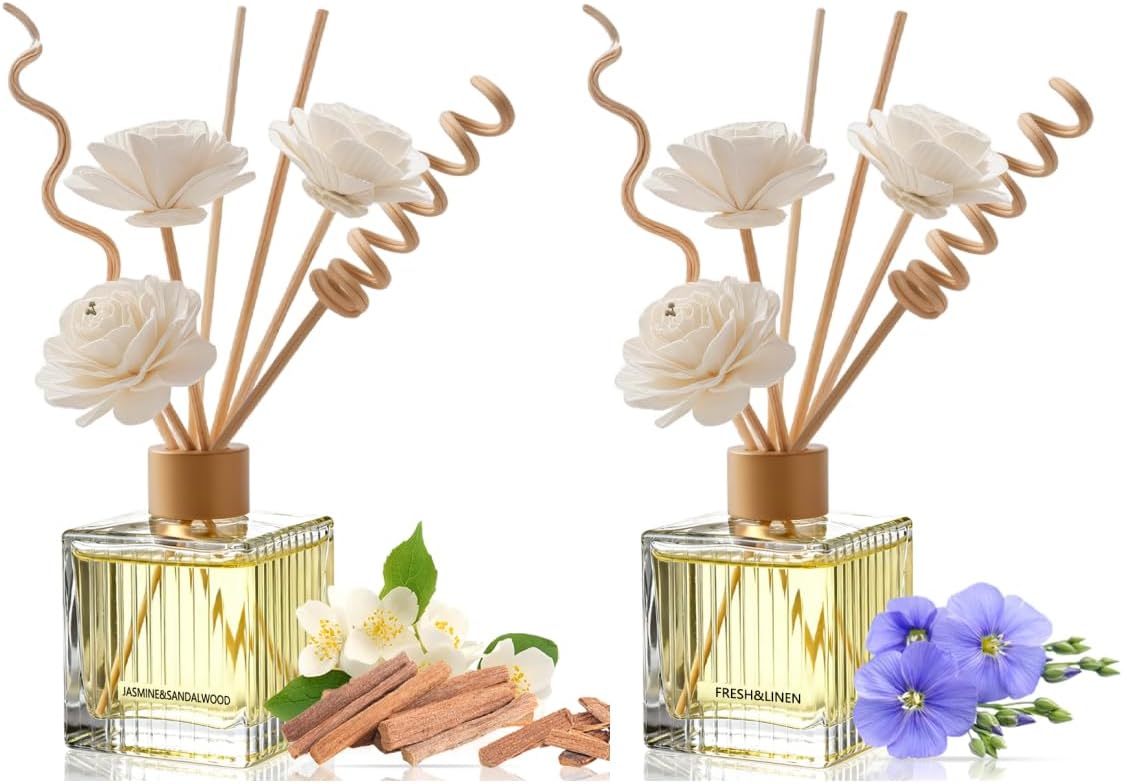 Jasmine Sandalwood & Fresh Linen Reed Diffuser Set - 2 Pack, 200ml Glass Bottles with Natural Reed Sticks | Floral & Clean Scents for Home and Office