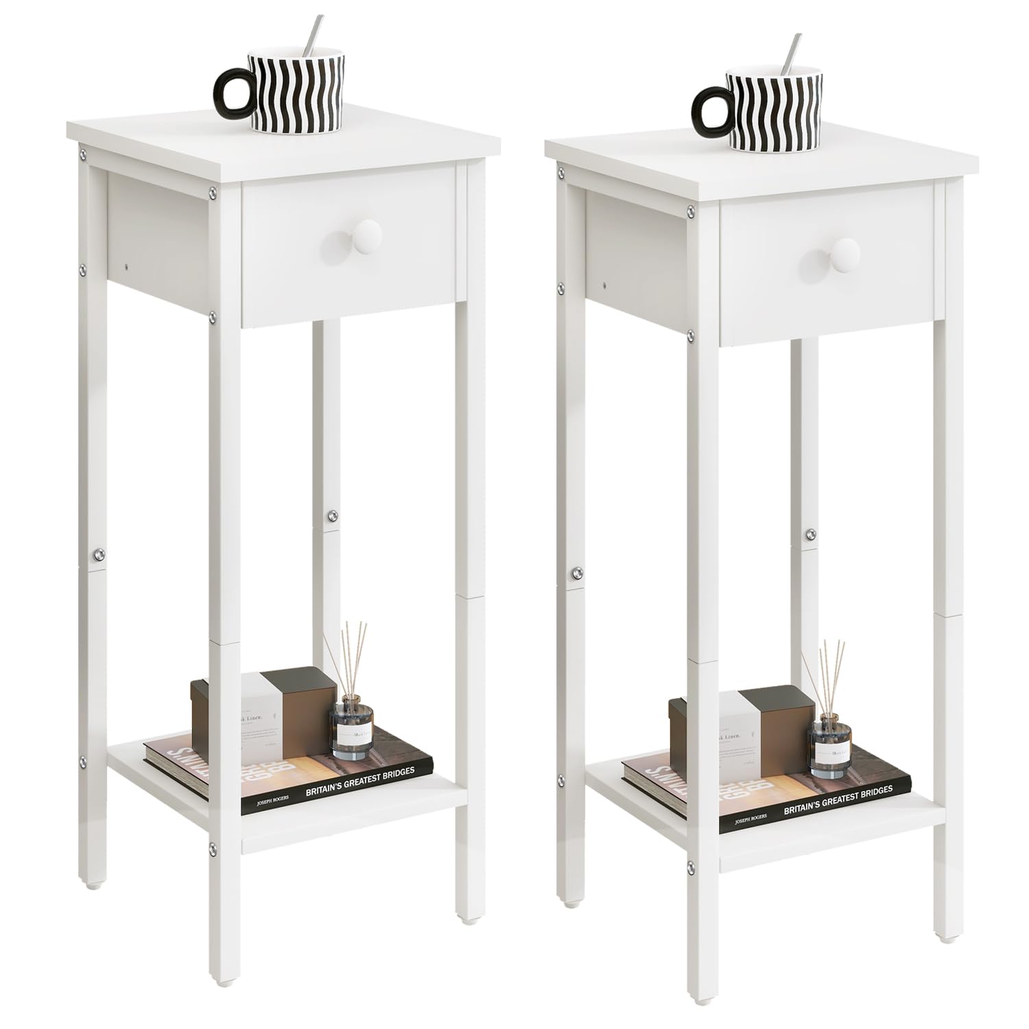 IBUYKE Juego de 2 mesitas de noche delgadas, mesita de noche estrecha con cajón, mesa de teléfono para espacios pequeños, 25 x 25 x 70 cm, mesa auxiliar lateral pequeña para dormitorio, sala de estar