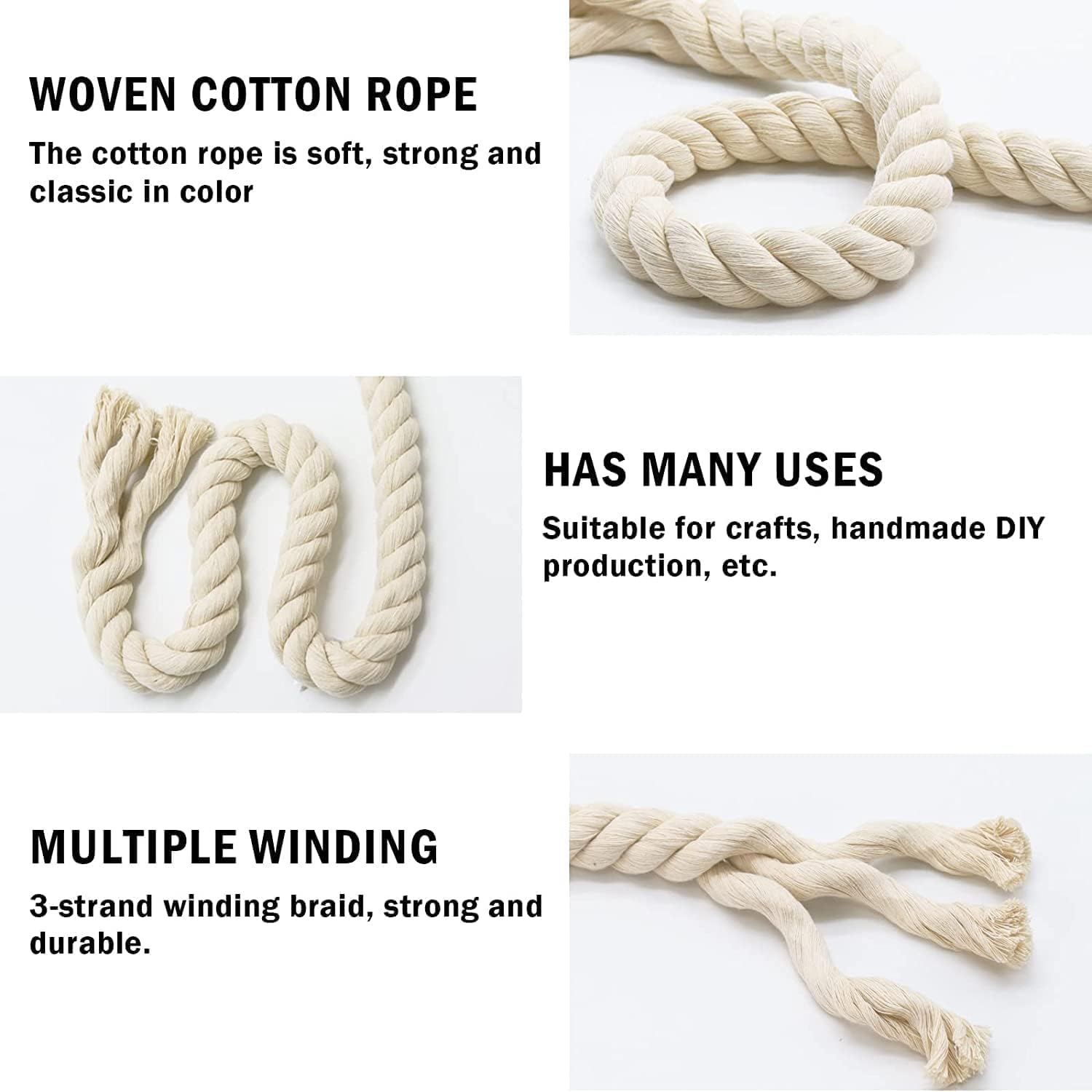 100% Cotton Rope, 1 inch x 48 feet, Beige, Thick Twisted, for Crafts, Sports, Home Decor, Wedding