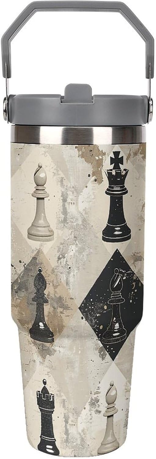 30oz Insulated Tumblers with Top Handle, Stainless Steel Chess Piece Brown Pattern Car Cup with Straw for Gift, Leak-Proof Double Wall Vacuum Travel Mug, Personalized Water Bottles White