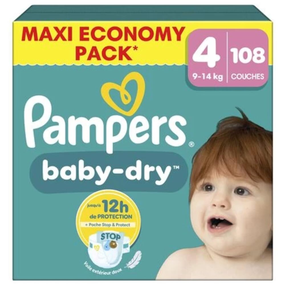 Pampers Baby-Dry Tamaño 4, 108 capas, 9 kg-14 kg, una noche cómoda hasta el 100% sin fugas
