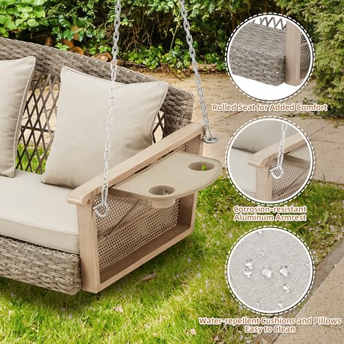 Image of HOMREST 3-Person Wicker Porch Swing with Upgraded Cup Holder, 56 Inch Patio Hanging Swing Bench Chair with Cushions, Outdoor Swing 900lbs Capacity Chains for Deck Garden Backyard (Beige)