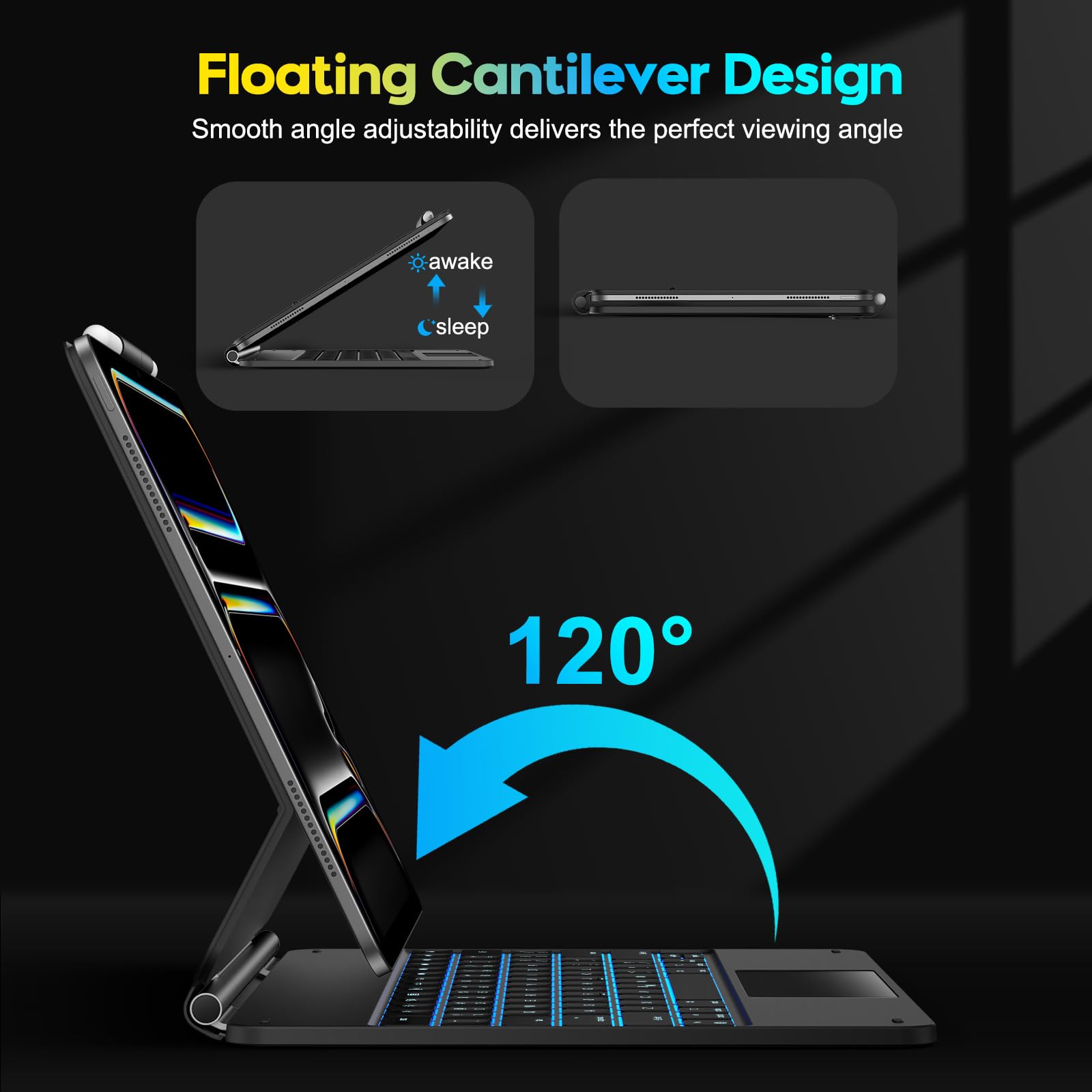 OMOTON Magnetic Keyboard Case for iPad Pro 13 inch (M4) 2024, with Pencil Holder, Multi -Touch Trackpad, Magnetic Stand, 7 Colors Backlight Wireless Bluetooth Keyboard for iPad Pro 13, Deep Black