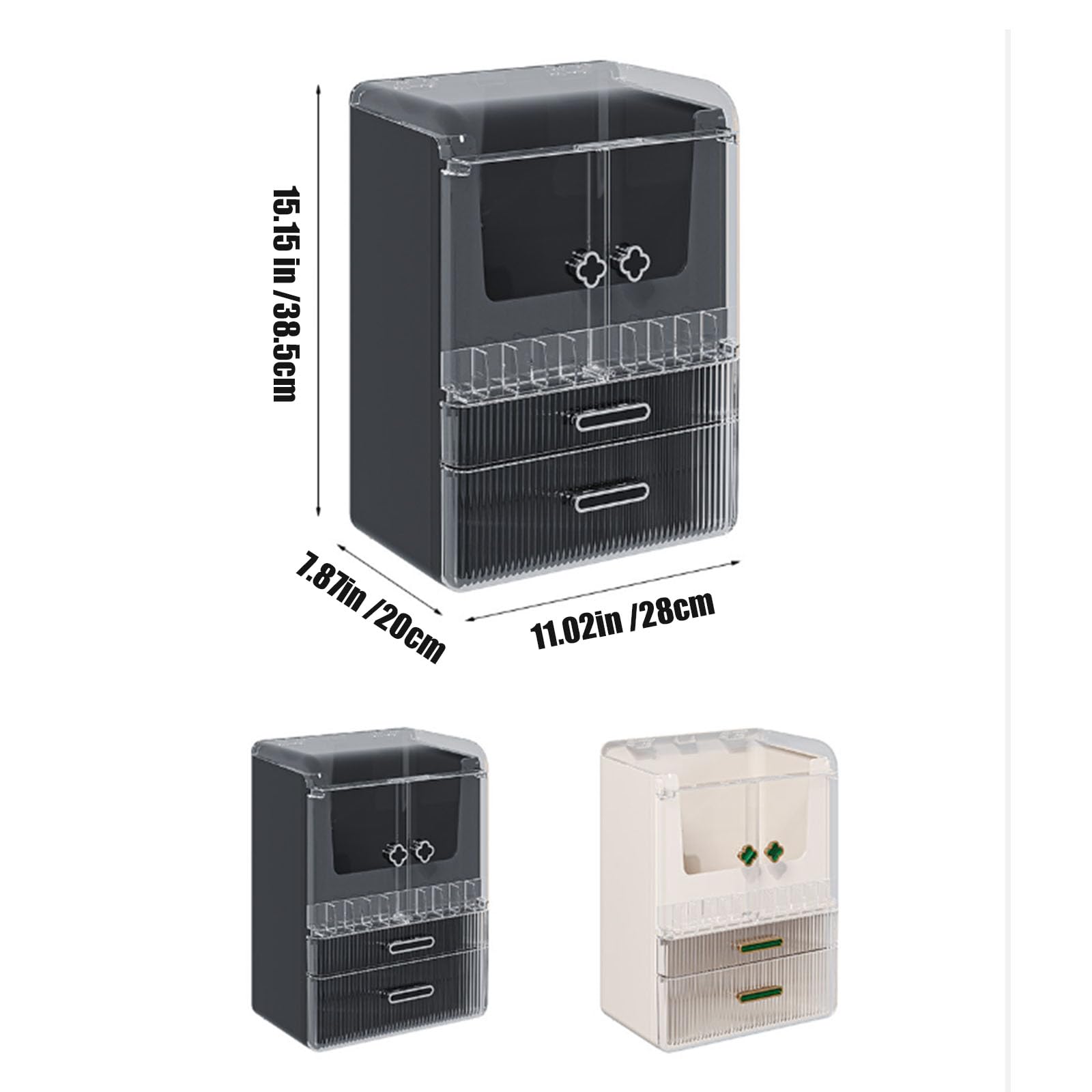 Organizador de Maquillaje Vanity Maquillaje Caja de Almacenamiento de cosméticos Cajones con Tapa de Doble Puerta Transparente Vitrinas portátiles Impermeables a Prueba de Polvo,Negro