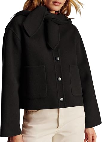 Women Cropped Pea Coat Long Sleeve Button Down Short Wool Peacoat Jacket with Hoodie Outerwear