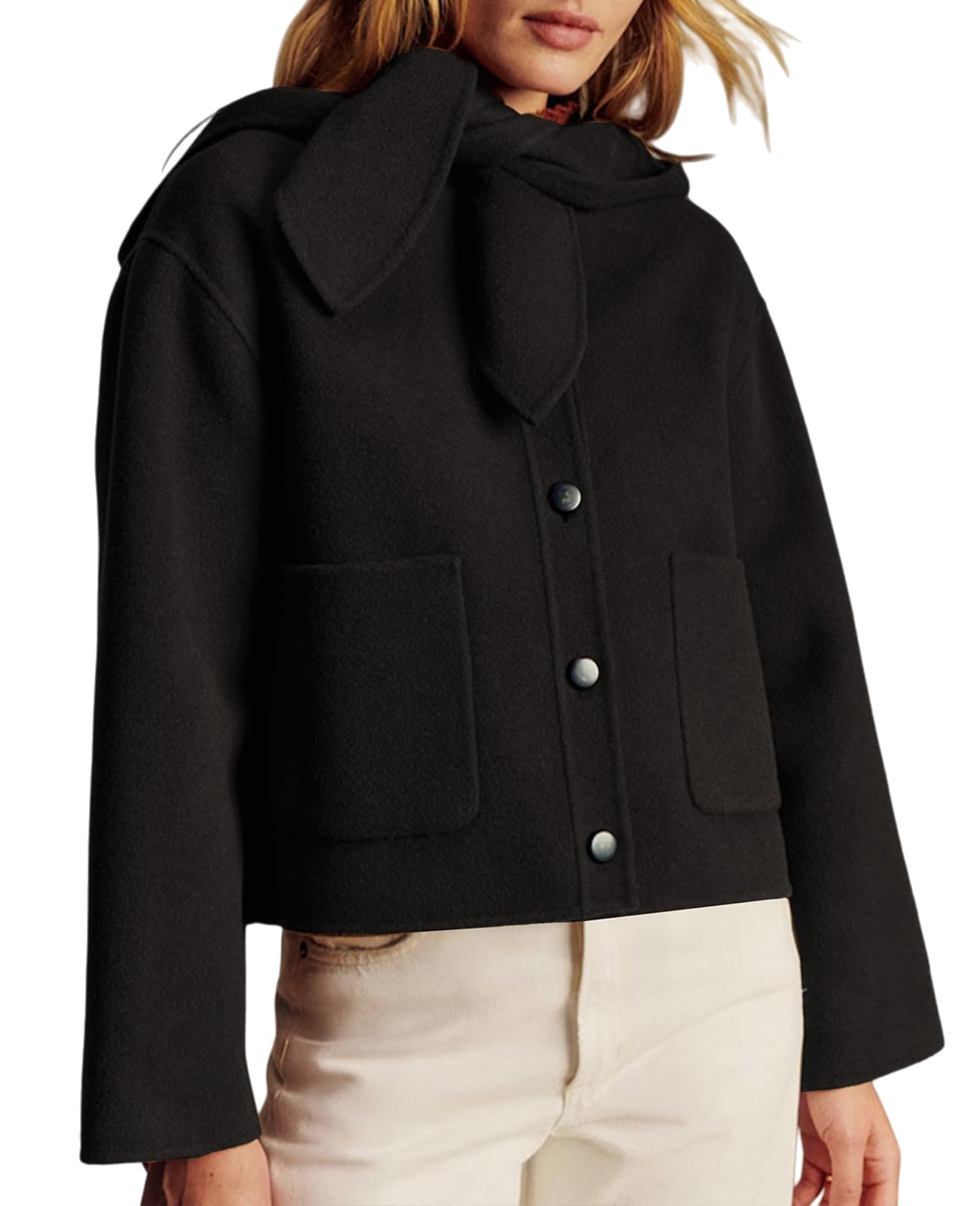 TITOMD Women Cropped Pea Coat Long Sleeve Button Down Short Wool Peacoat Jacket with Hoodie Outerwear