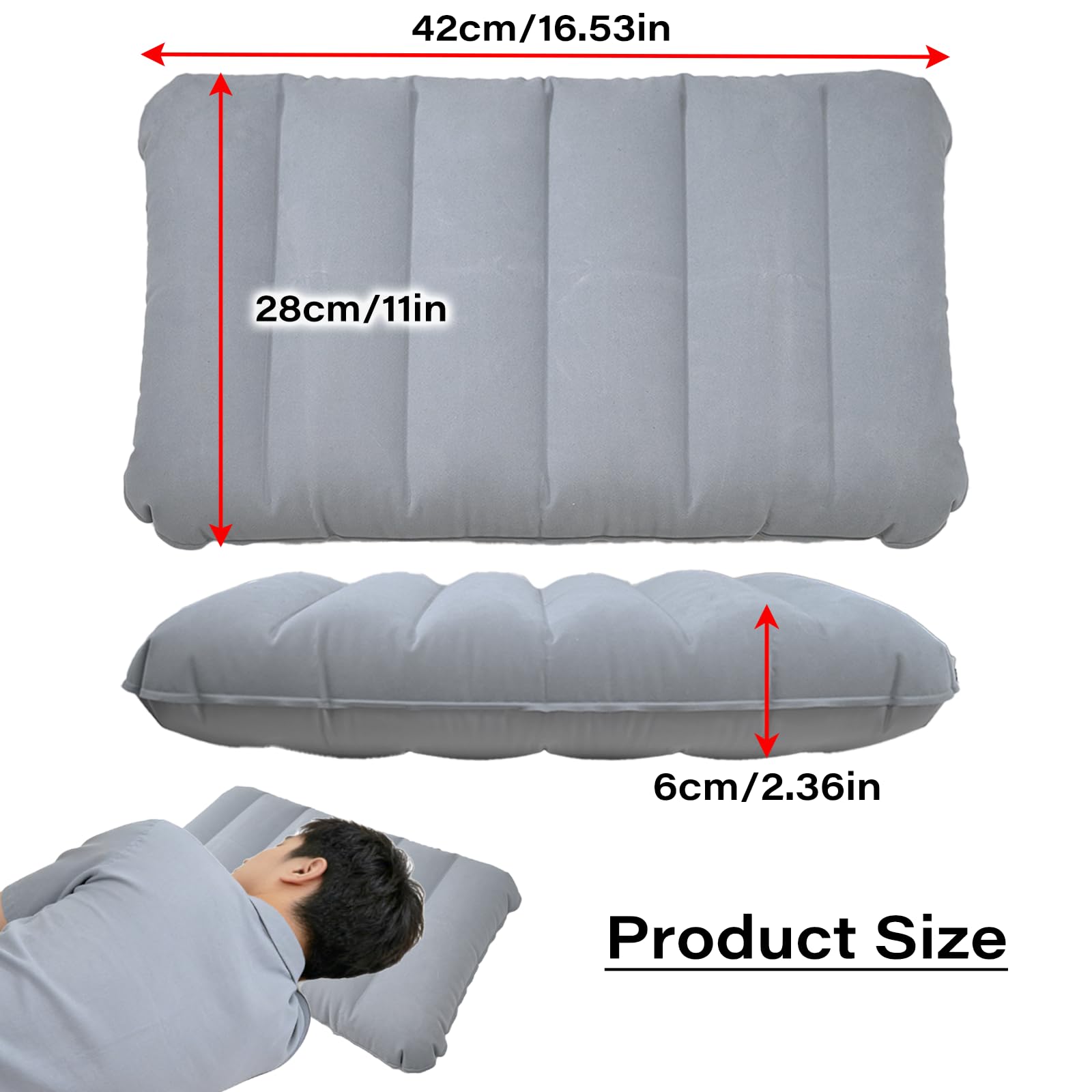 LiXiongBao Paquete de 2 almohadas inflables ultraligeras de color gris para senderismo, camping, viajes, siesta, escritorio, soporte lumbar y cuello