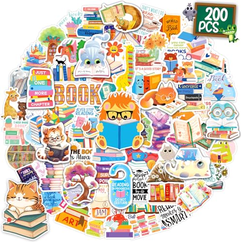 CKXTYNG 200PCS Book Stickers for Kids Bookish Reading Stickers Bulk Pack for Journals Laptops Water Bottles Library Accessories Waterproof Vinyl Decals for Book Lovers Gifts
