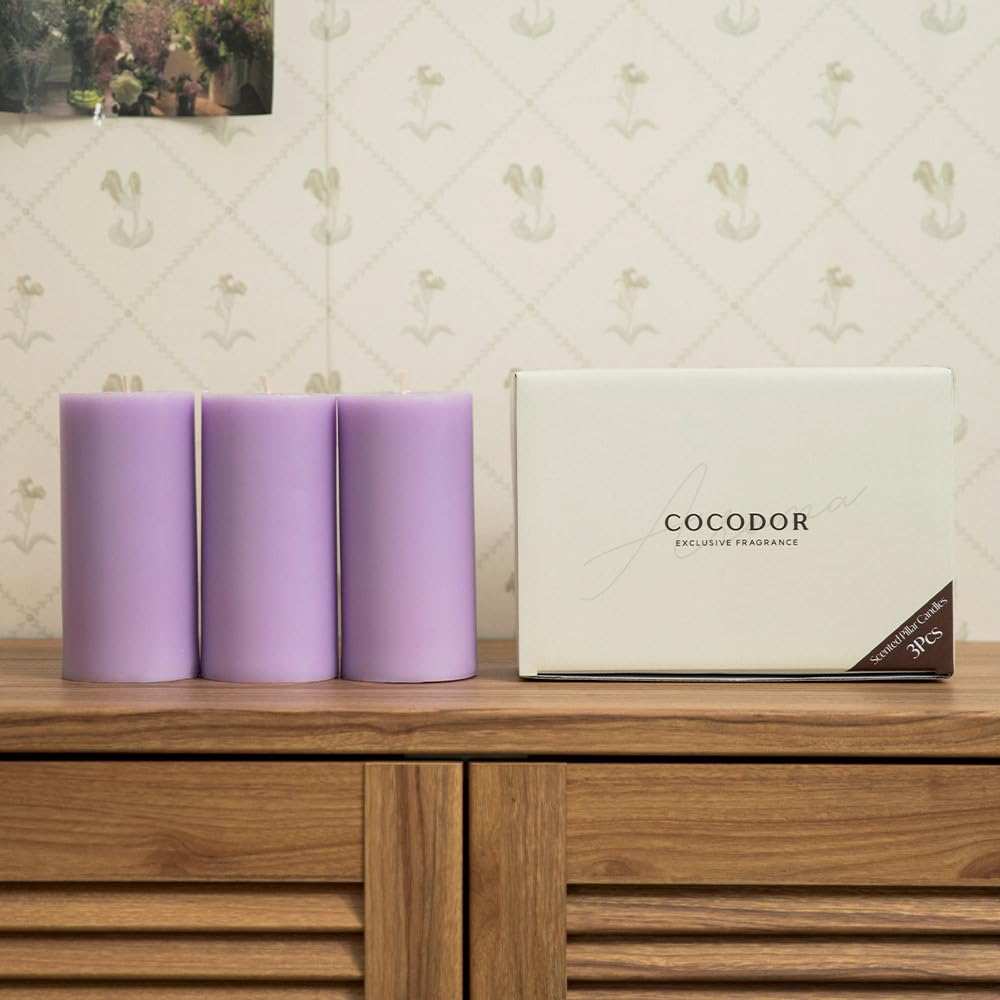 COCODOR - Set di 3 candele profumate alla lavanda francese, 7,6 x 15,2 cm, lunga durata 85 ore, candele per matrimoni, feste, cene, decorazioni per la casa.