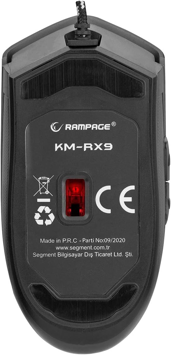 Знізу view of Rampage KM-RX9 mouse showing model number and optical sensor