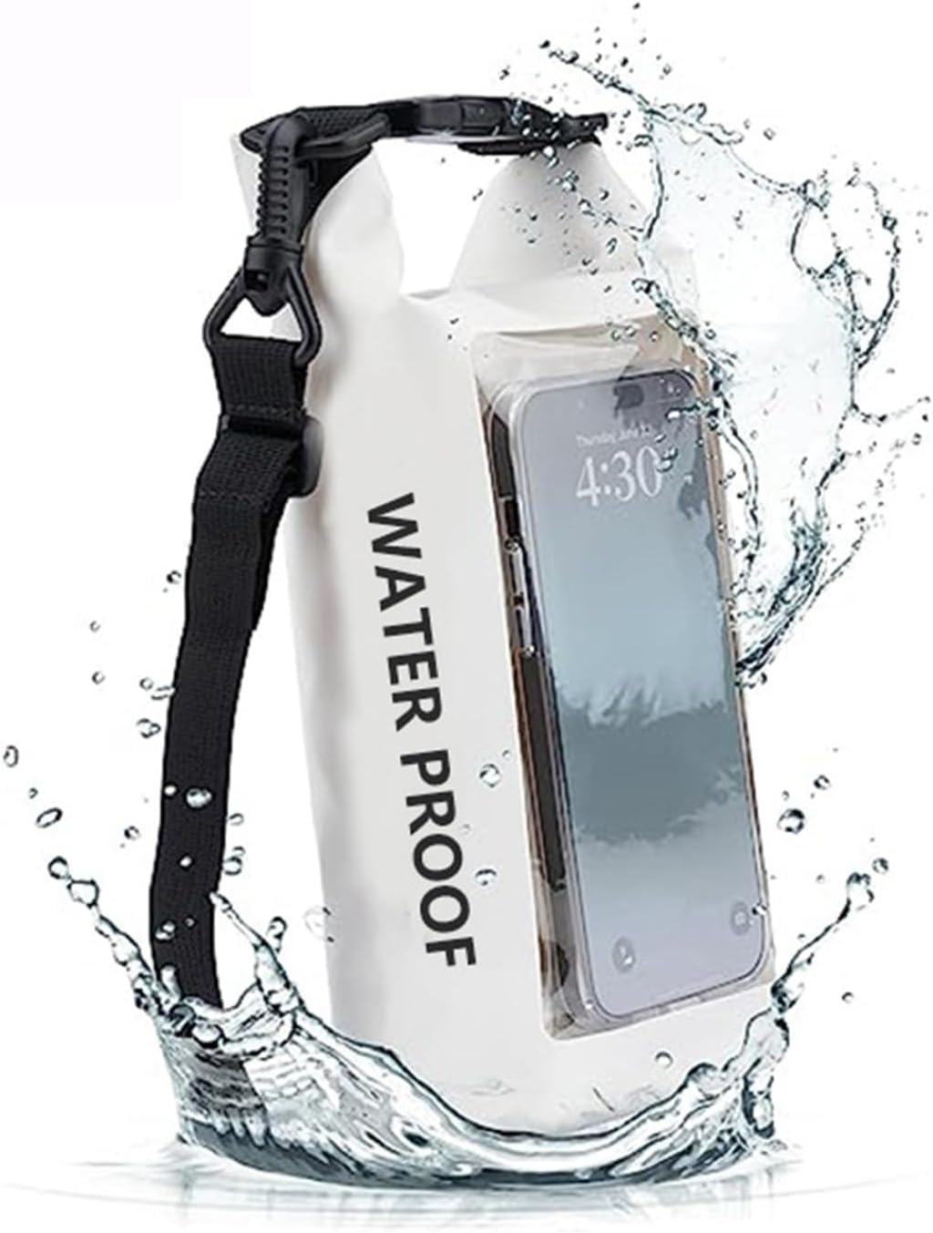 Wasserdichter Handy-Beutel, wasserdichter Roll-Top-Rucksack 2 l/5 l mit berührbarem Handy-Beutel-Bildschirm, Trockentasche für Schwimmen, Strand und Reisen, weiß, 5 l