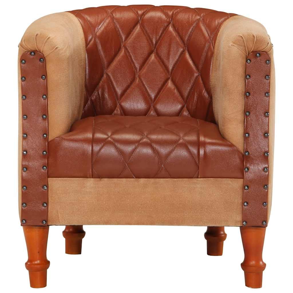 Brązowy fotel z prawdziwej skóry, lite drewno mango, 60 x 57 x 64 cm, wygodny fotel do salonu, sypialni, czytelni, przytulne siedzisko dla dorosłych