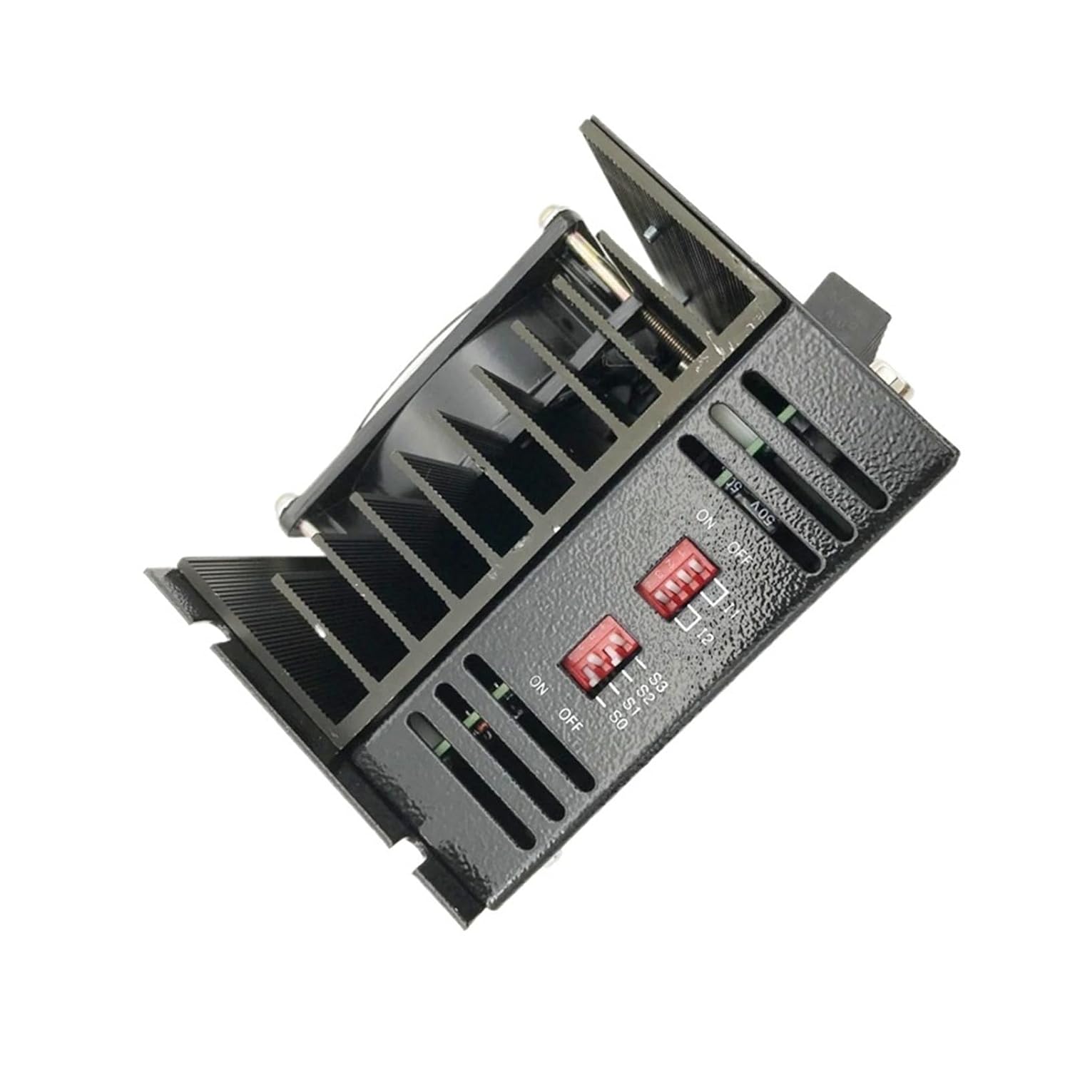 Side view of HB-B3HL stepper motor driver showing cooling fins and DIP switches