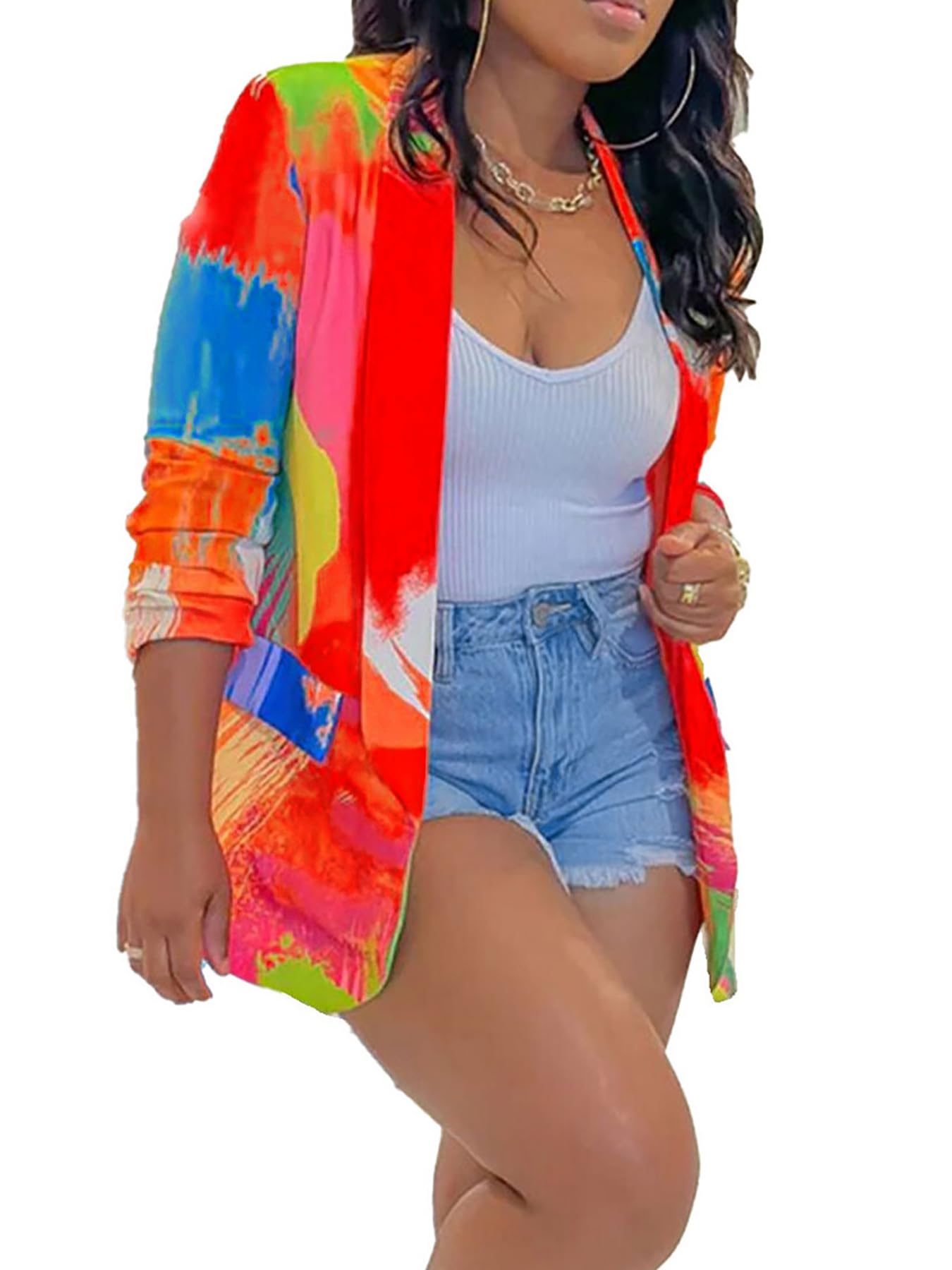 Baczoe Plus Size Blazers for Curvy Women Sexy Trendy Colorful Oversize Graphic Open Front Jackets