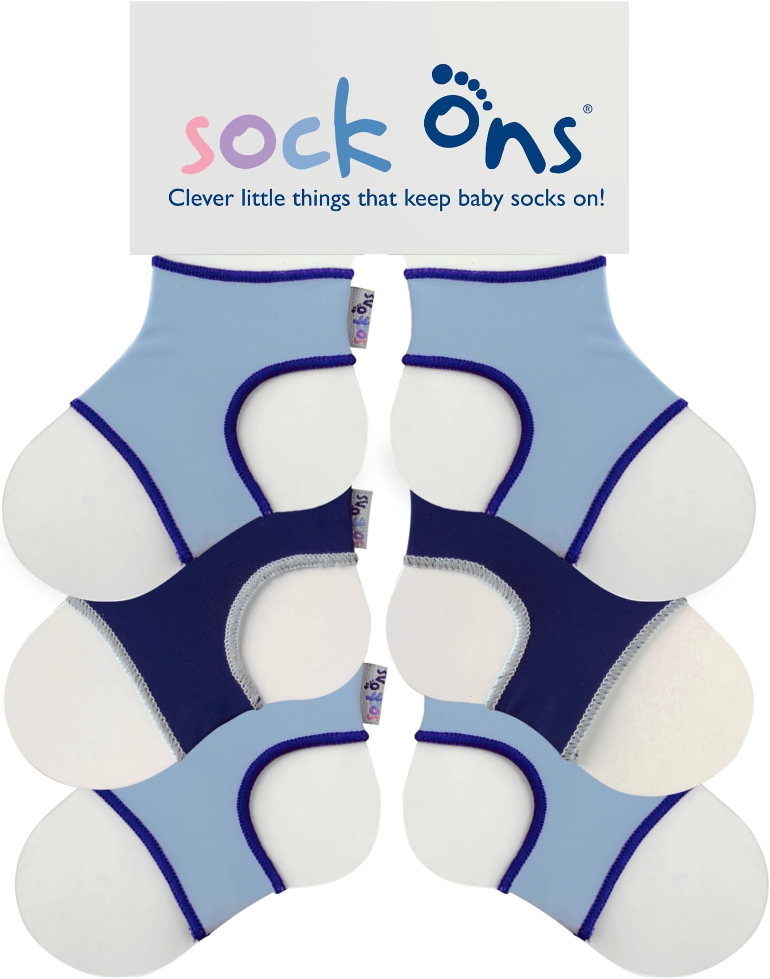 Sock Ons - Baby Sock Holders - 0-6 Months - 3 Pack (1 x Baby Blue, 1 x Navy, 1 x Baby Blue) - Amazing Value Pack - Keep Baby
