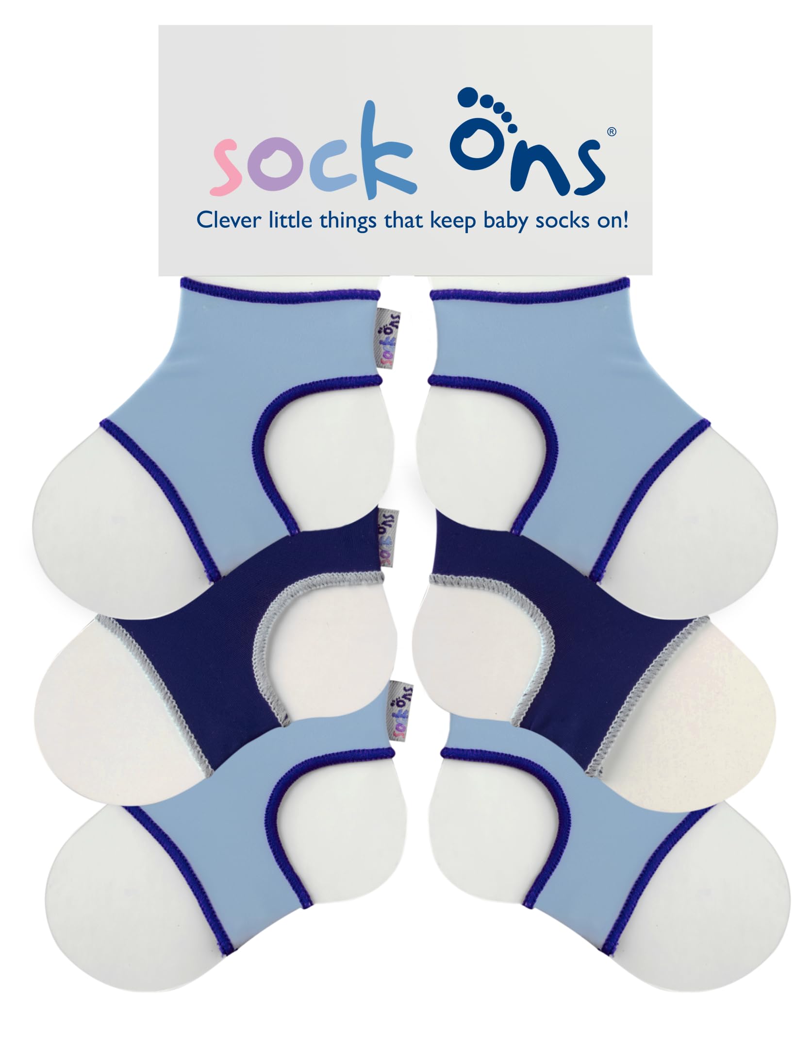 Sock Ons - Baby Sock Holders - 0-6 Months - 3 Pack (1 x Baby Blue, 1 x Navy, 1 x Baby Blue) - Amazing Value Pack - Keep Baby
