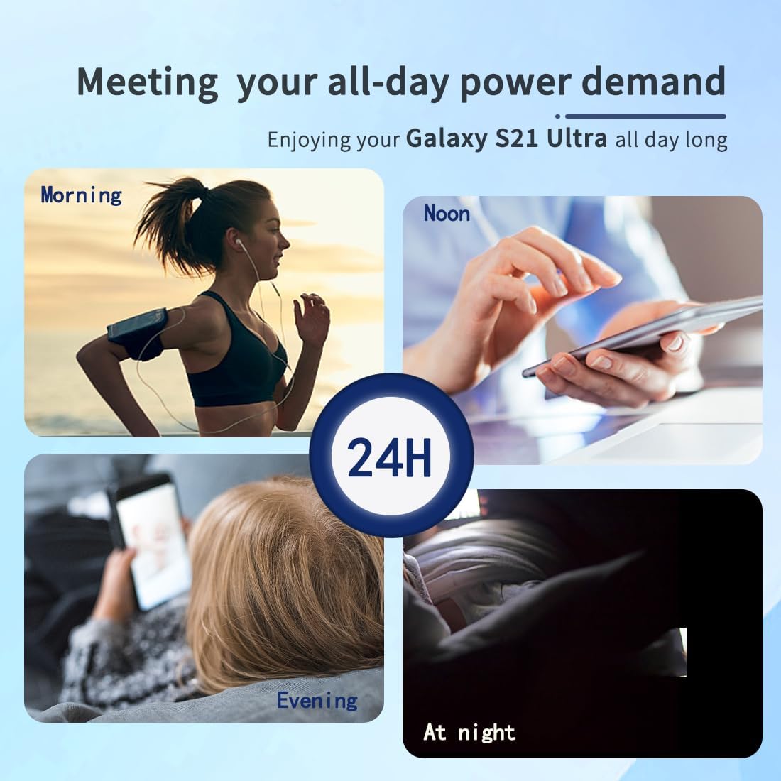 Graphic showing a person running, using a phone, reading, and sleeping, indicating 24-hour power demand.