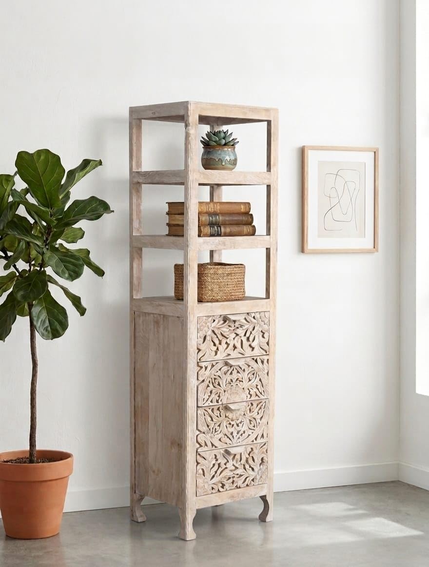 Hand-Carved Wooden Storage Tower | Solid Wood Tall Display Cabinet with 4 Drawers & 3 Open Shelves | Bookshelf Organizer for Living Room Bedroom | L68 x D16 x H24 Inches-image-13