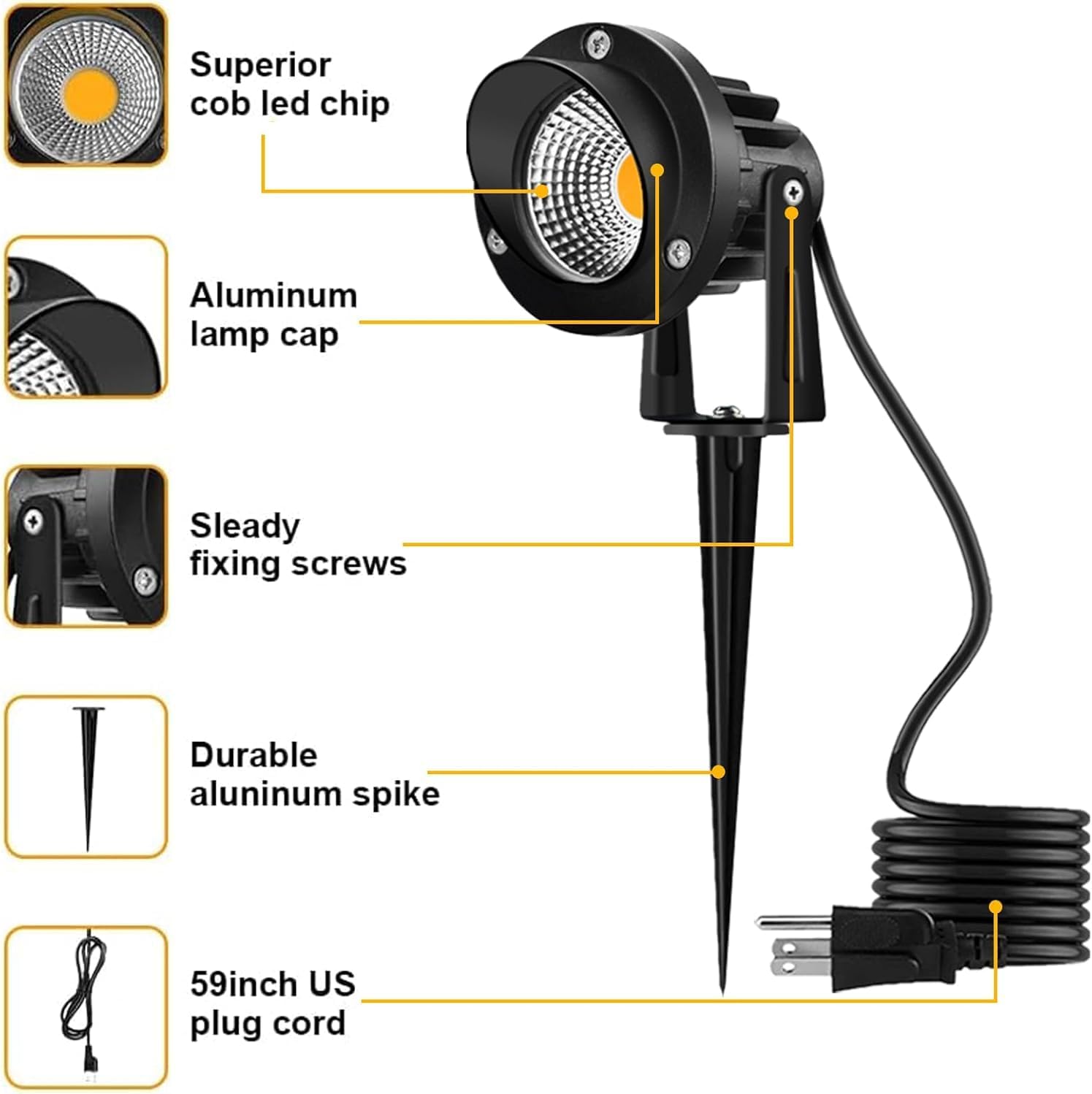 Romwish LED Landscape Spotlights 10W, 120V Plug in Outdoor Spot Lights, 1100LM 3000K Warm White Landscape Lighting, IP65 Waterproof Garden Lights for Yard Tree Pathway Flag - 4 Pack