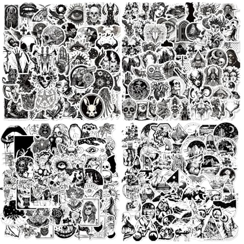 AOZVPEV 200 Pcs Black and White Gothic Stickers for Adults, Waterproof Horror Stickers Pack, Black and White Cool Skull Decals for Water Bottle, Laptop, Luggage, Skateboard, Scrapbooks, Phone, Guitar