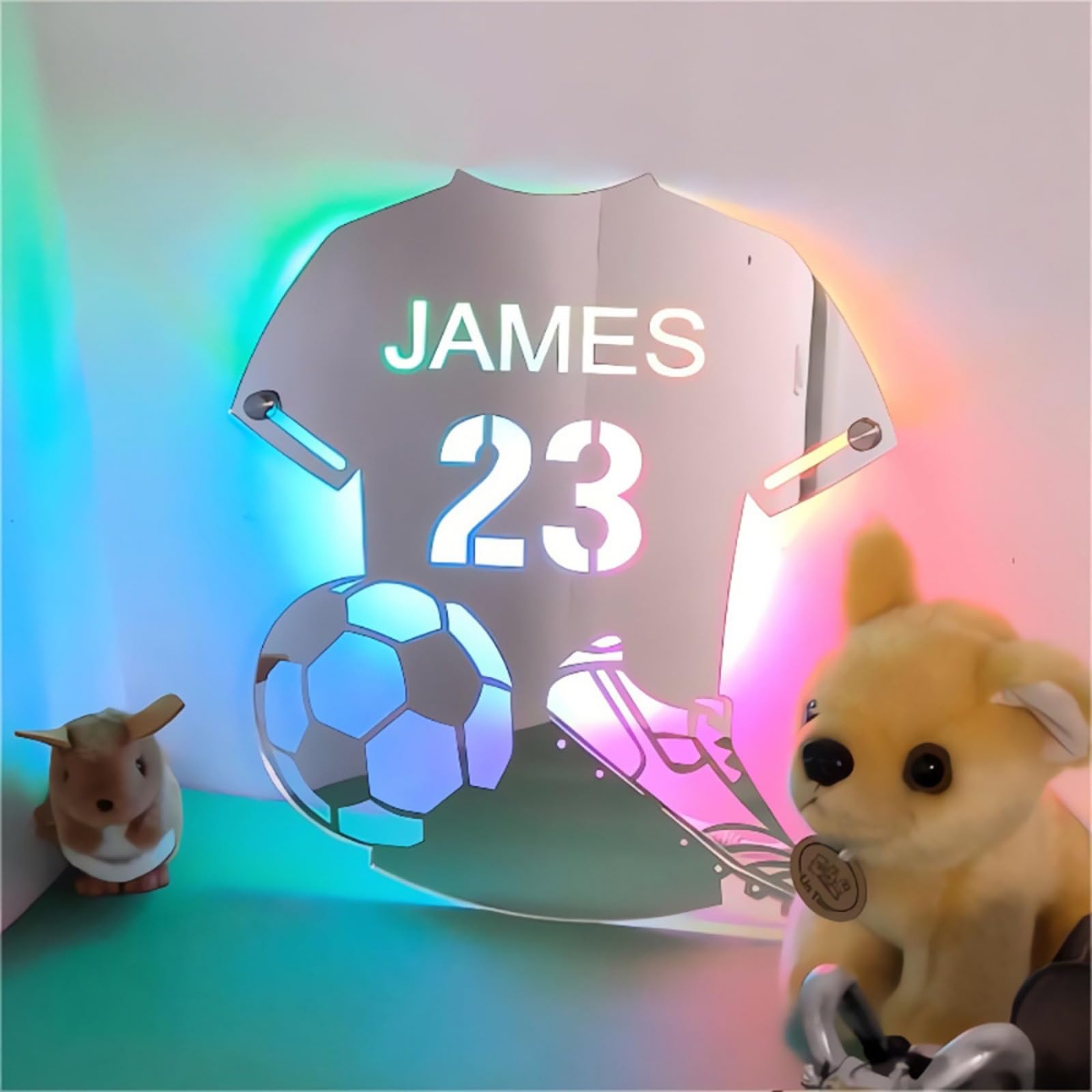 Luz de espejo de camiseta de fútbol personalizada, decoración de fútbol, letrero de neón personalizado, luz nocturna, habitación de los niños, multicolor, acrílico y silicona, 37 x 42 cm