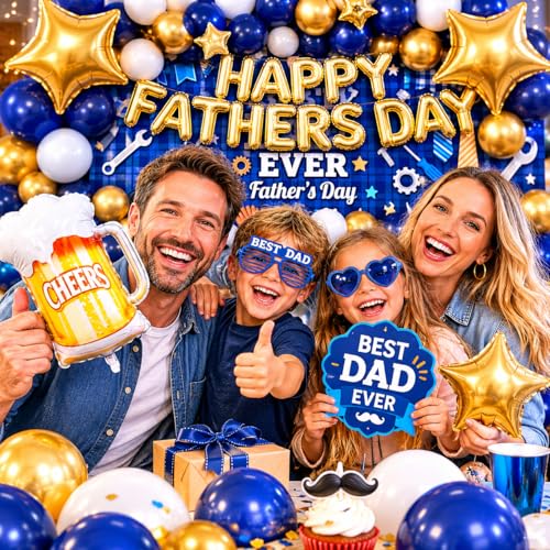 Image of Happy Father's Day Balloon Garland Arch Set 100Pcs with Star, Fathers Day Decorations for Best Father Ever Decorations Father's Day Party Fathers Birthday Party Photo Booth Backdrop Decor