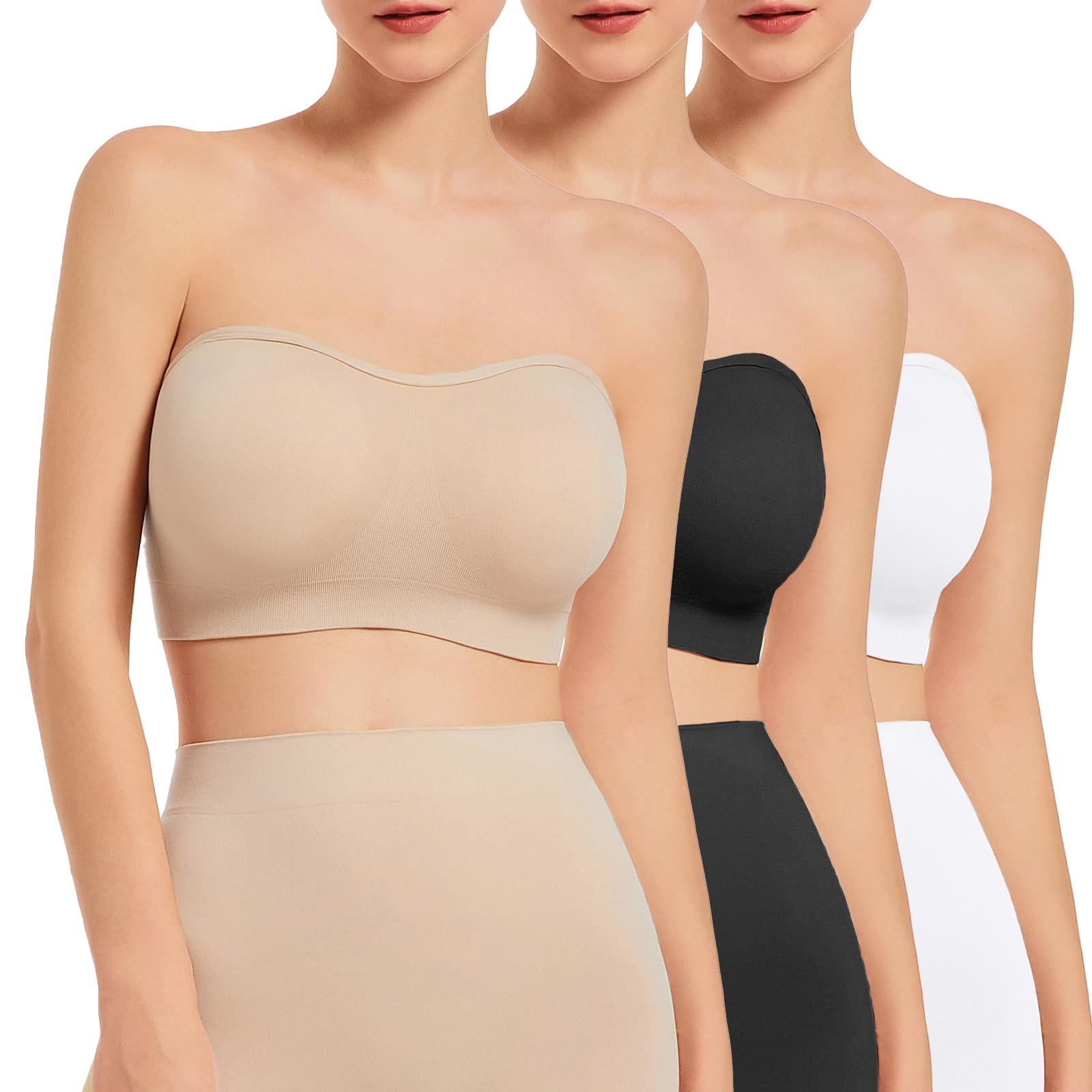 SIMIYA Strapless Bras for Women, 3 Pcs Bandeau Seamless Bralettes Tube Top Soft Silicone Clear Straps with Removable Pads