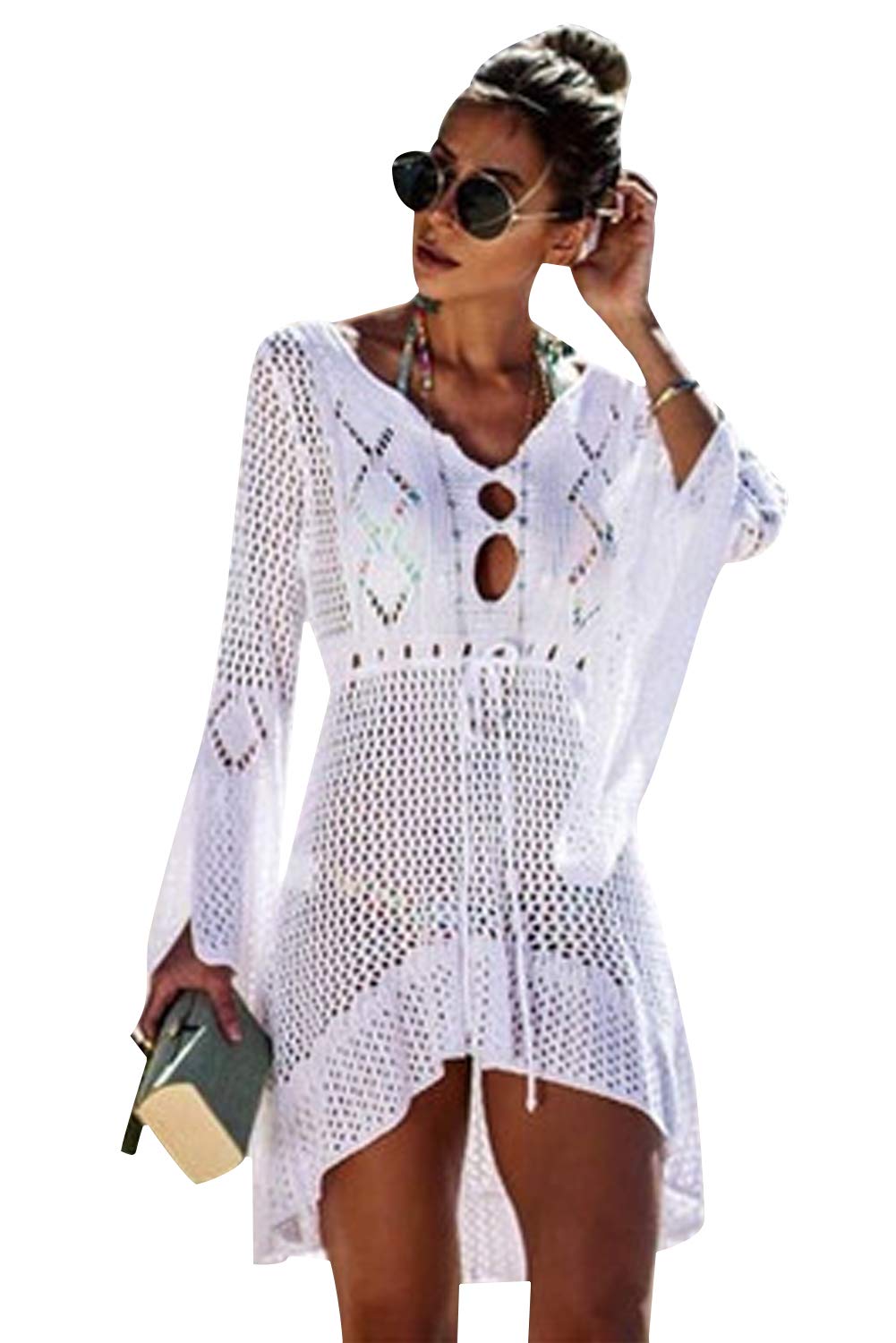 Landove Tunica Encaje Playa Mini Vestido Crochet Mujer Bikini Cover Up