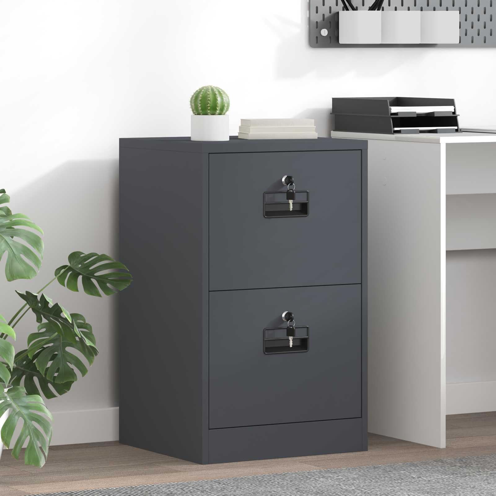 Aktenschrank aus kaltgewalztem Stahl 45,5 x 42 x 74,5 cm Anthrazit mit 2 ausziehbaren Regalen und 2 Nockenschlössern für Büroorganisation