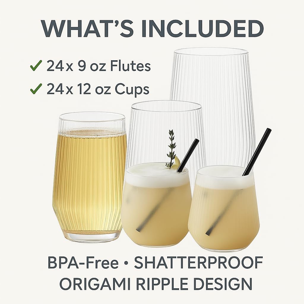 Oojami 48 Pack Ribbed Origami Ripple Plastic Glasses, 24 Stemless 9oz Champagne Flutes & 24 12oz Cups - Reusable BPA-Free Shatterproof Disposable Drinkware for Wedding Party Bar (Clear)