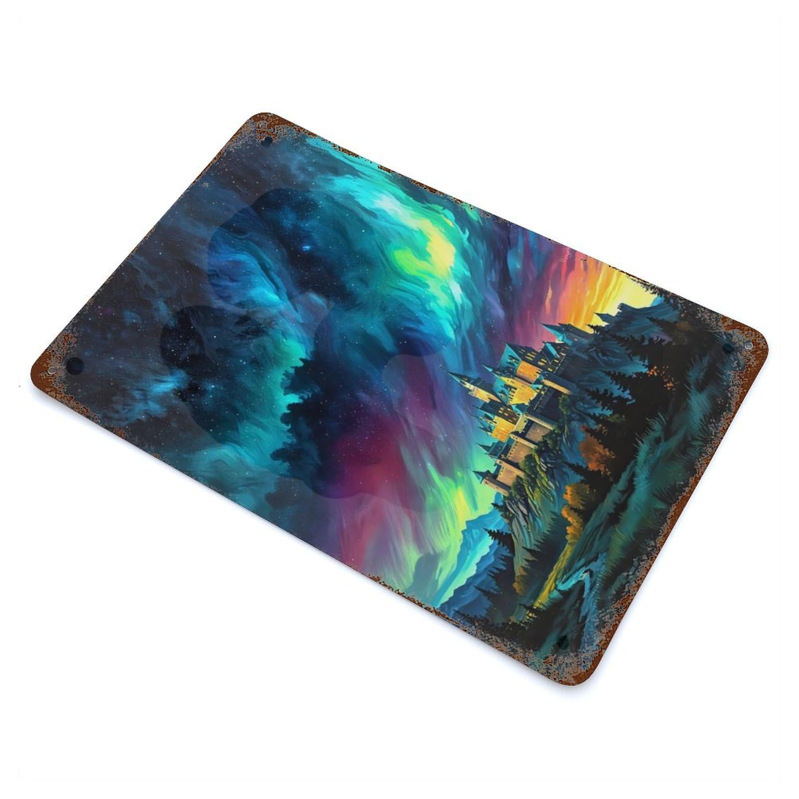 Aurora Borealis And Castle Weathered Tin Sign 11.8"x7.9", Novelty Wall Decor for Garage, Pub Or Kitchen