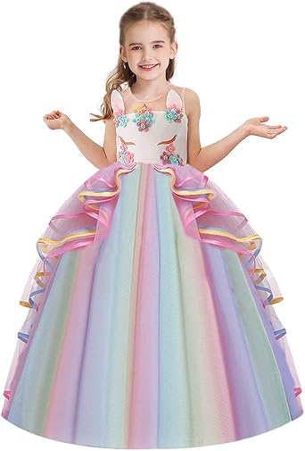 Girls Unicorn Costume Halloween Fancy Dress Princess Birthday Pageant Wedding Christmas Party Long Tulle Ball Gown